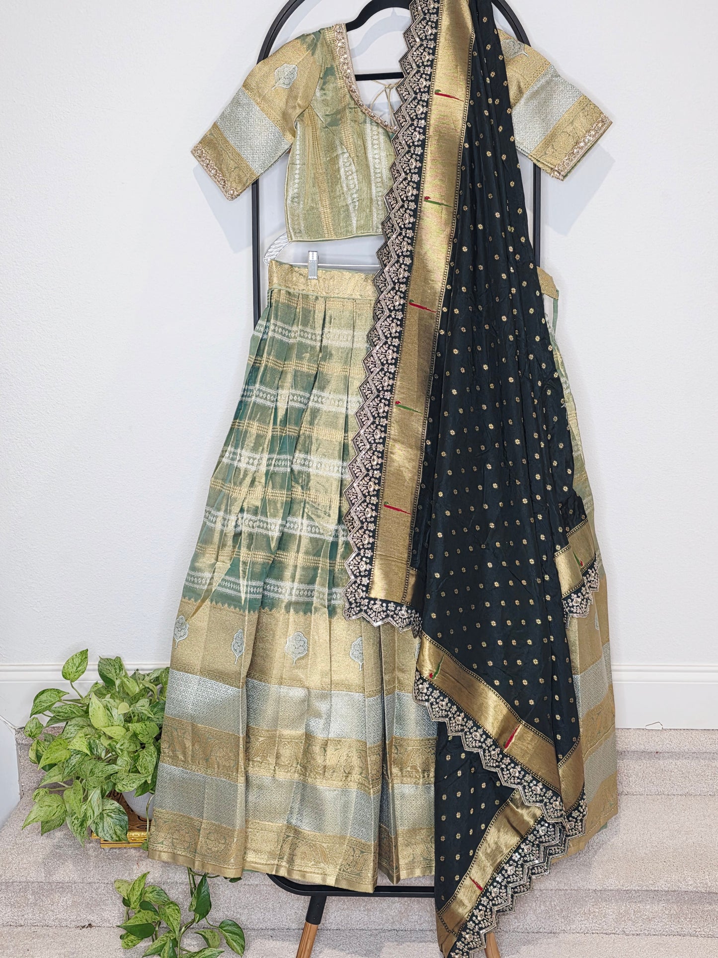 Sage Gold Tissue Benarasi Half Saree Lehenga Set with Bottle Green Paithani Border Munga Silk Dupatta