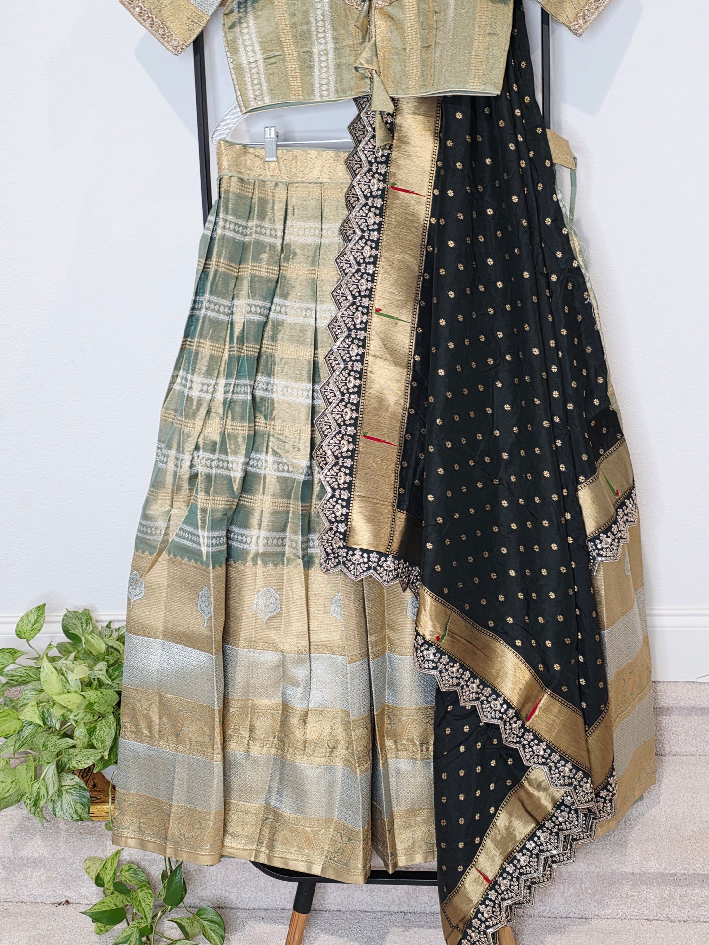 Sage Gold Tissue Benarasi Half Saree Lehenga Set with Bottle Green Paithani Border Munga Silk Dupatta