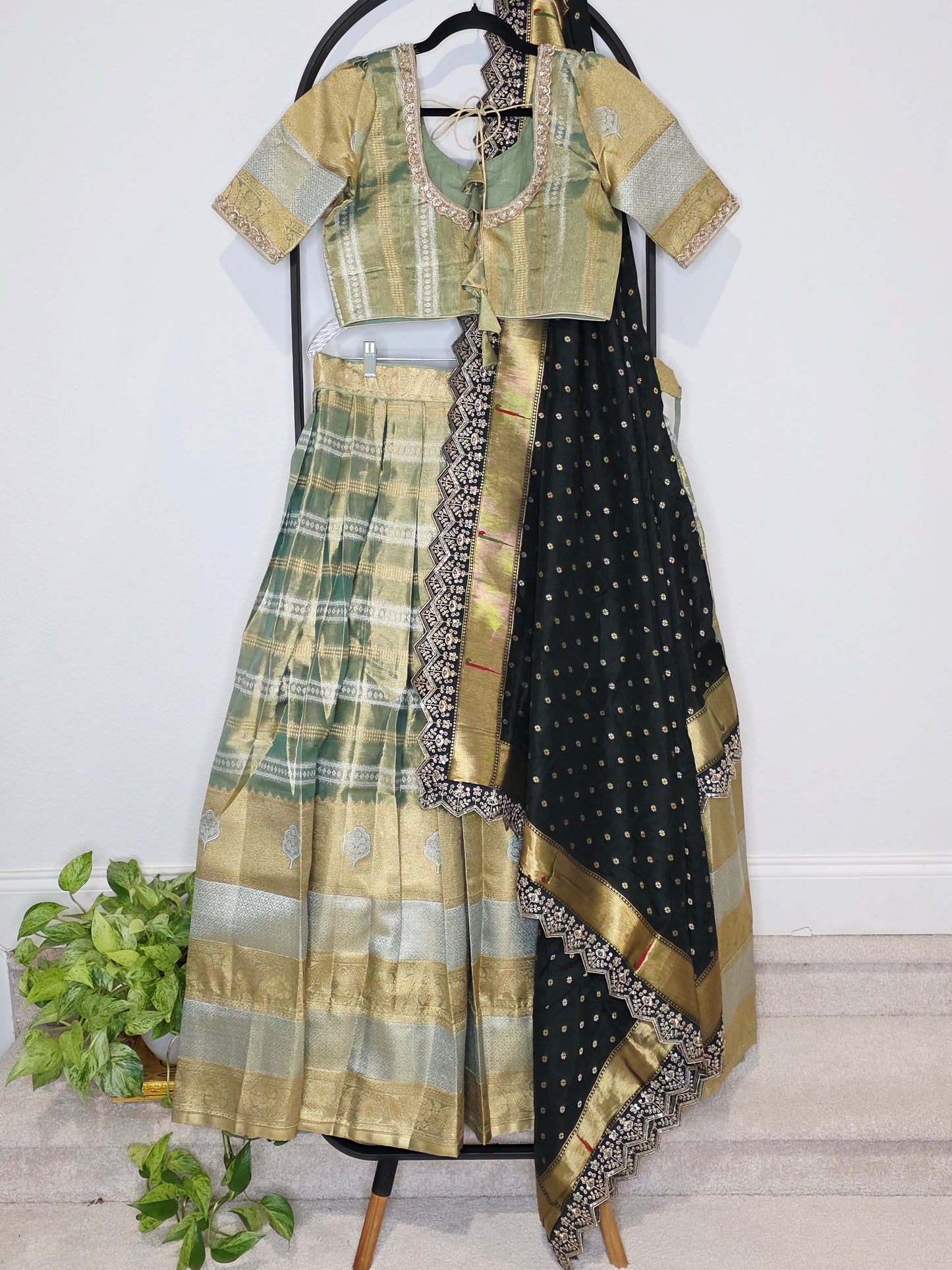 Sage Gold Tissue Benarasi Half Saree Lehenga Set with Bottle Green Paithani Border Munga Silk Dupatta