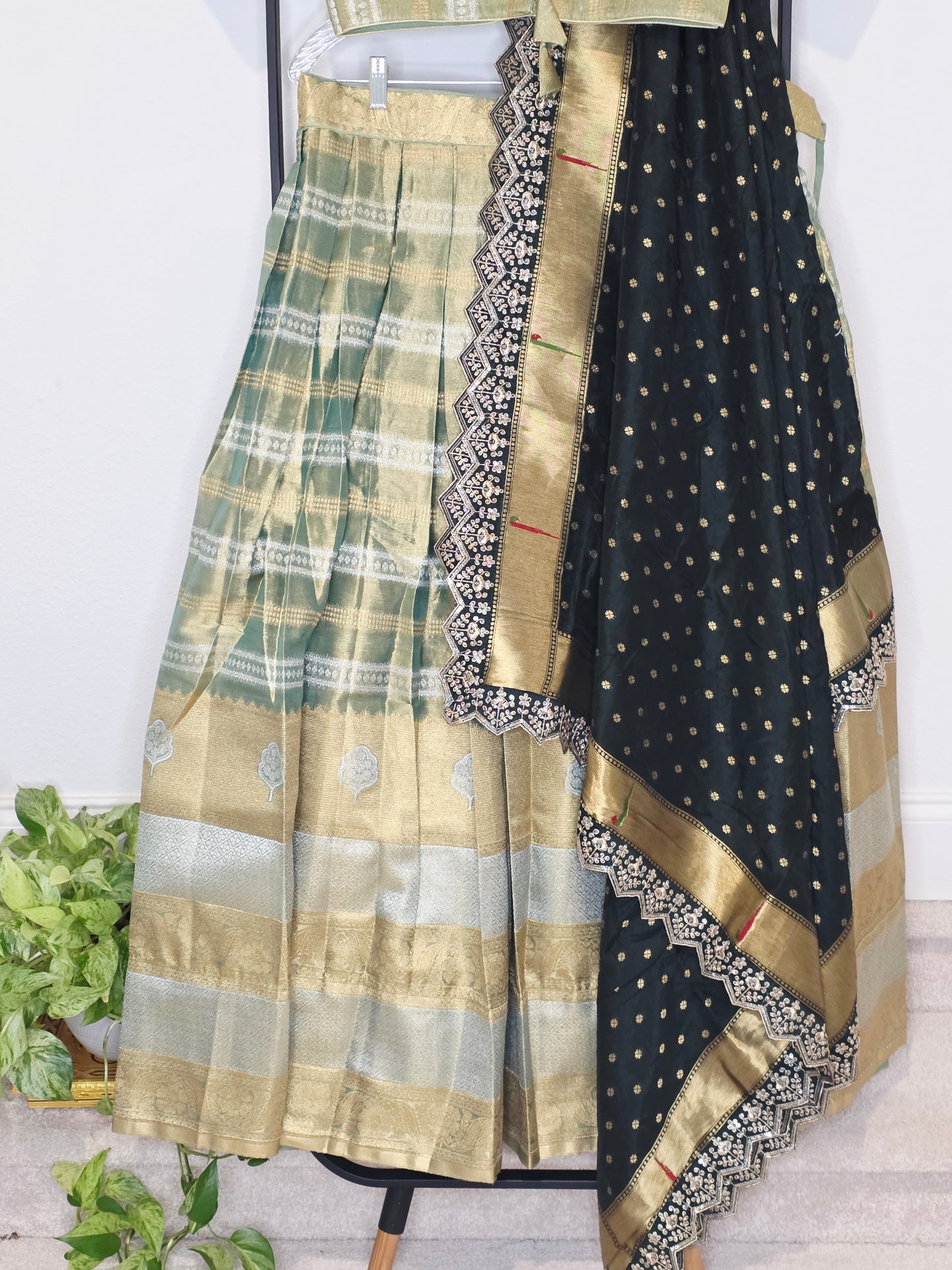 Sage Gold Tissue Benarasi Half Saree Lehenga Set with Bottle Green Paithani Border Munga Silk Dupatta
