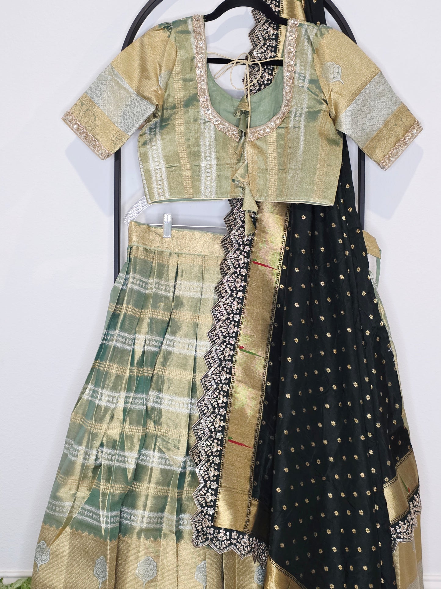Sage Gold Tissue Benarasi Half Saree Lehenga Set with Bottle Green Paithani Border Munga Silk Dupatta