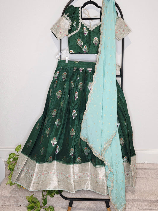 Emerald Green Benarasi Mango Fabric Lehenga Set with Aqua Soft Chinon Silk Scalloped Border Dupatta