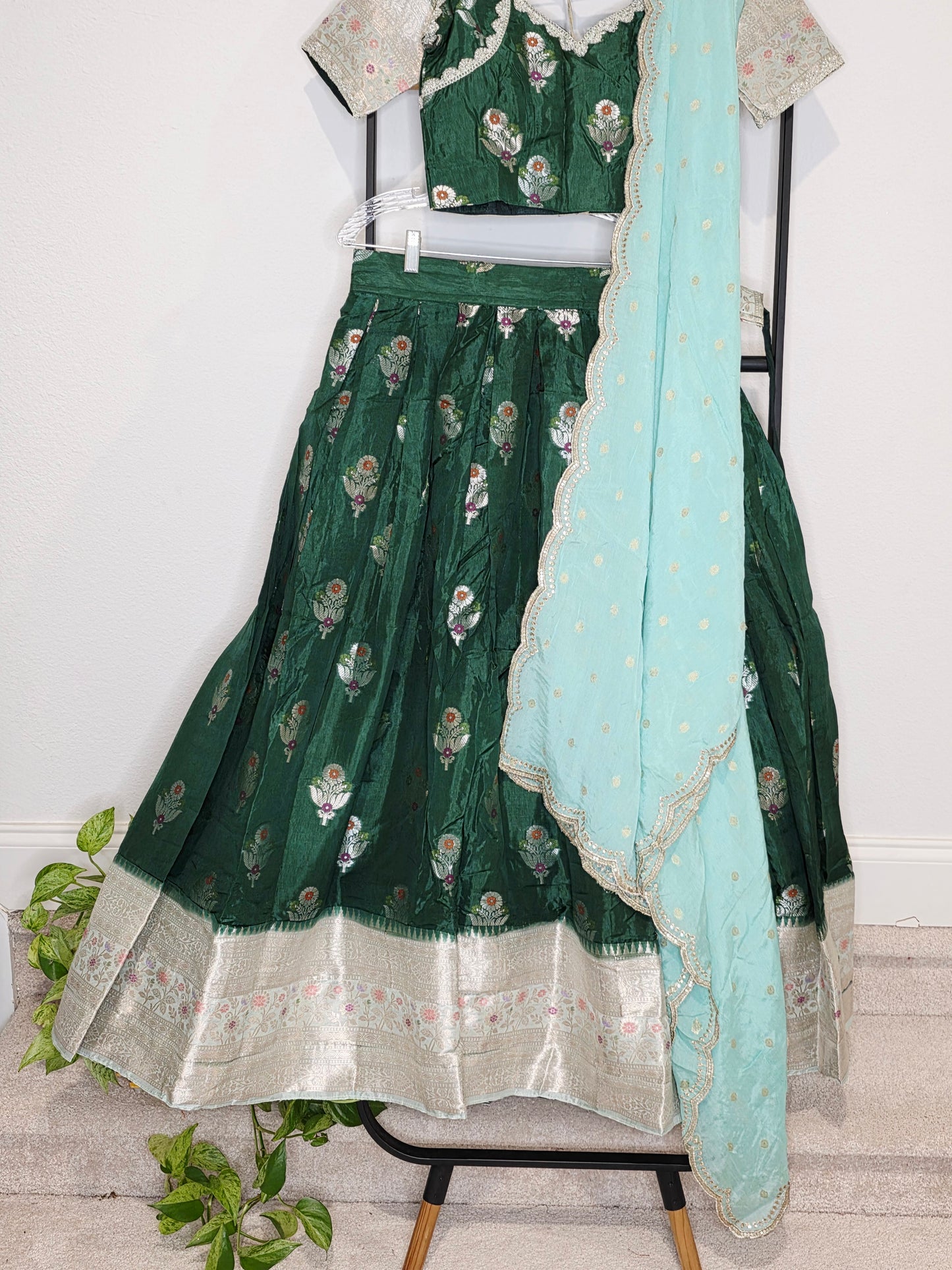 Emerald Green Benarasi Mango Fabric Lehenga Set with Aqua Soft Chinon Silk Scalloped Border Dupatta