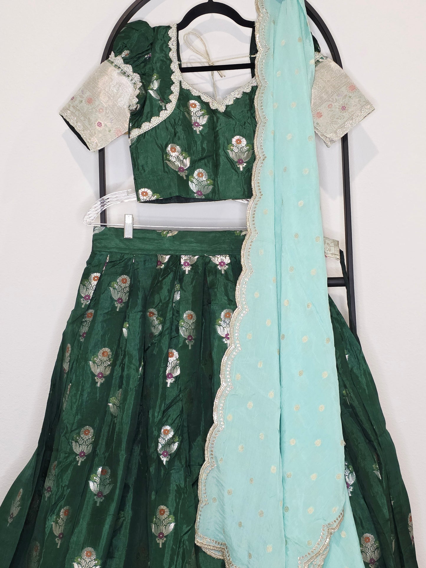 Emerald Green Benarasi Mango Fabric Lehenga Set with Aqua Soft Chinon Silk Scalloped Border Dupatta