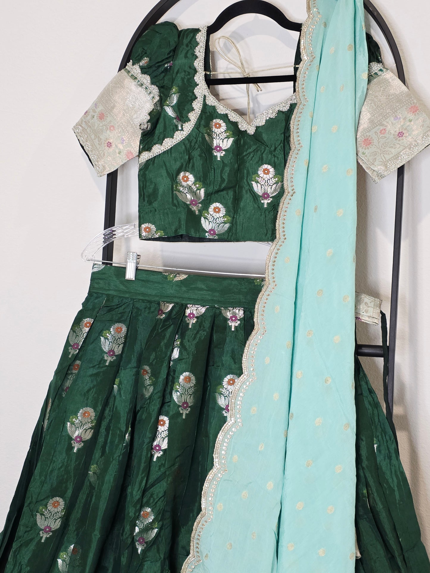 Emerald Green Benarasi Mango Fabric Lehenga Set with Aqua Soft Chinon Silk Scalloped Border Dupatta