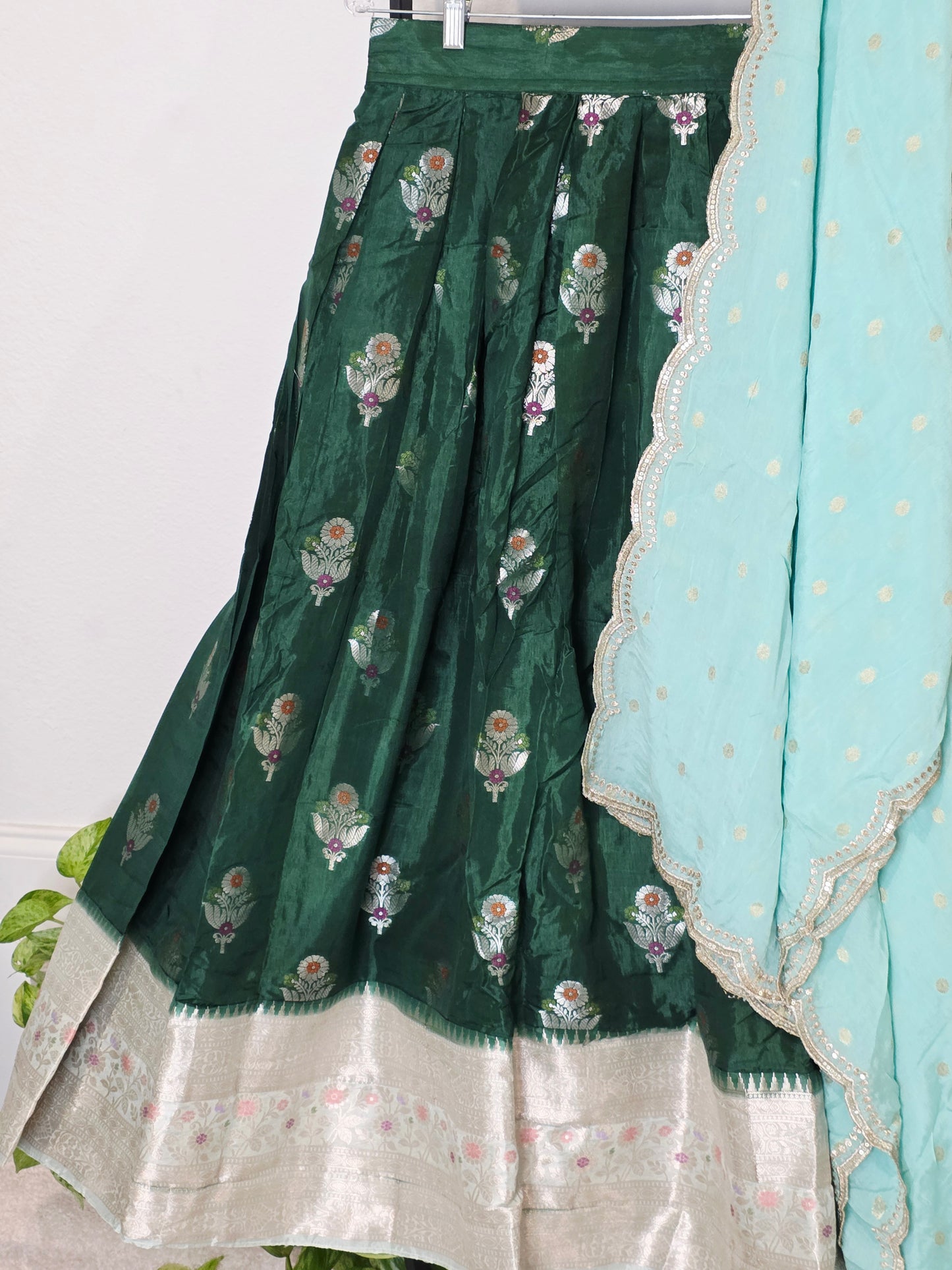 Emerald Green Benarasi Mango Fabric Lehenga Set with Aqua Soft Chinon Silk Scalloped Border Dupatta