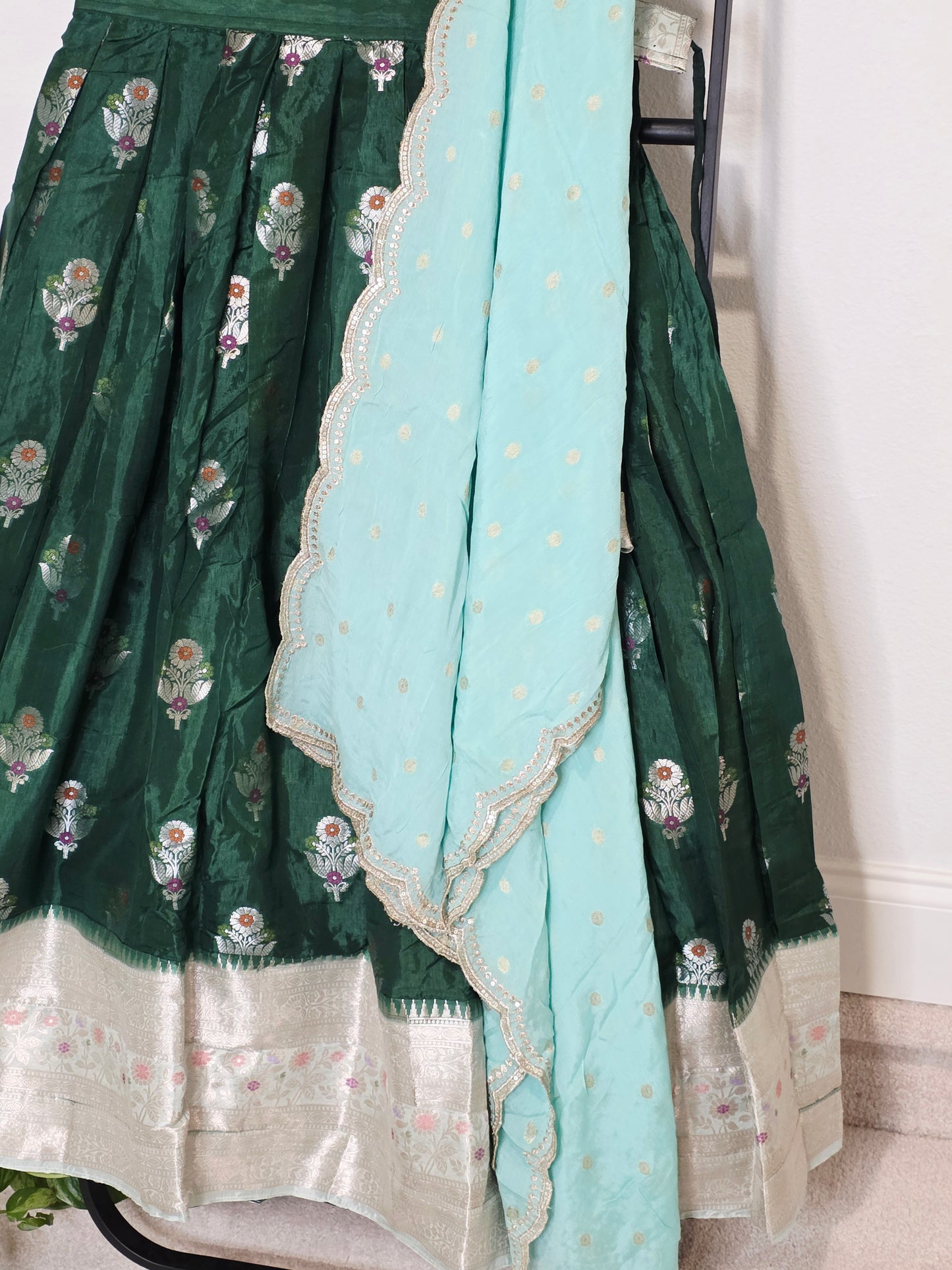 Emerald Green Benarasi Mango Fabric Lehenga Set with Aqua Soft Chinon Silk Scalloped Border Dupatta