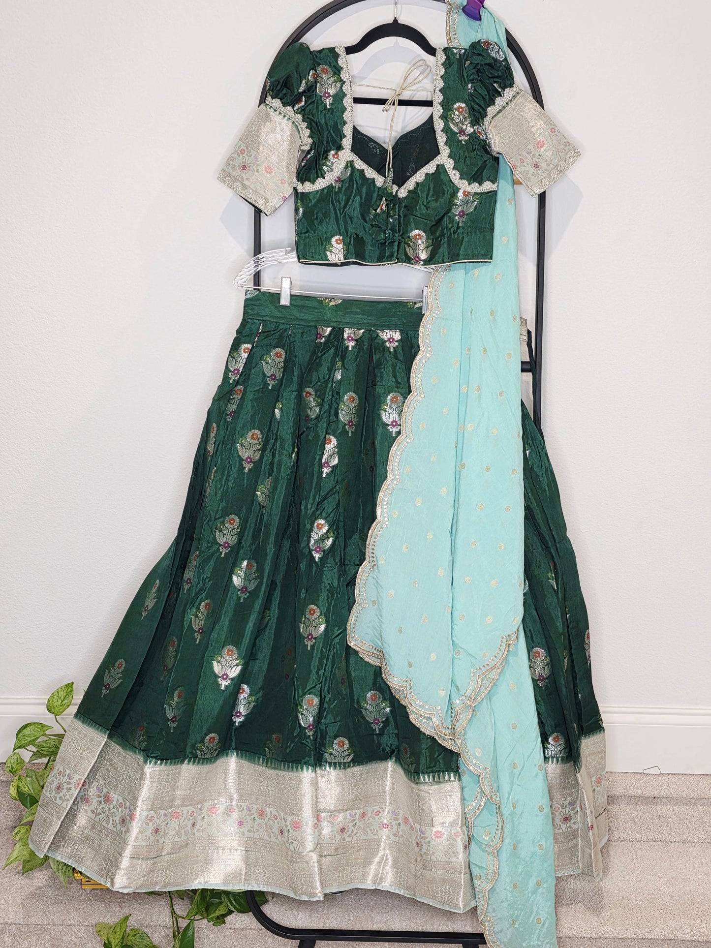 Emerald Green Benarasi Mango Fabric Lehenga Set with Aqua Soft Chinon Silk Scalloped Border Dupatta