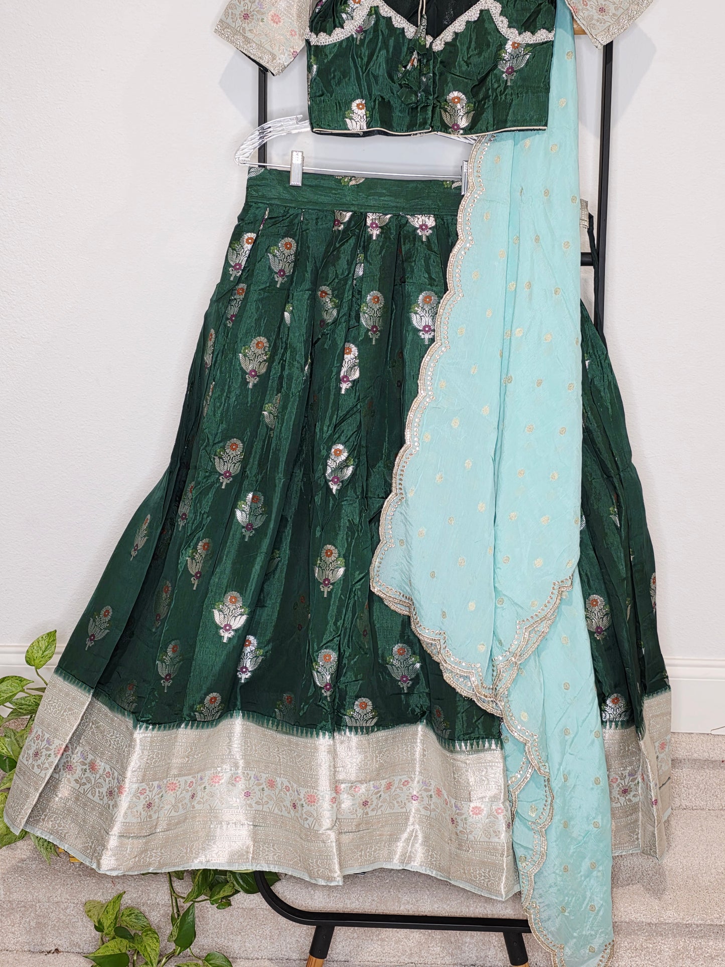 Emerald Green Benarasi Mango Fabric Lehenga Set with Aqua Soft Chinon Silk Scalloped Border Dupatta