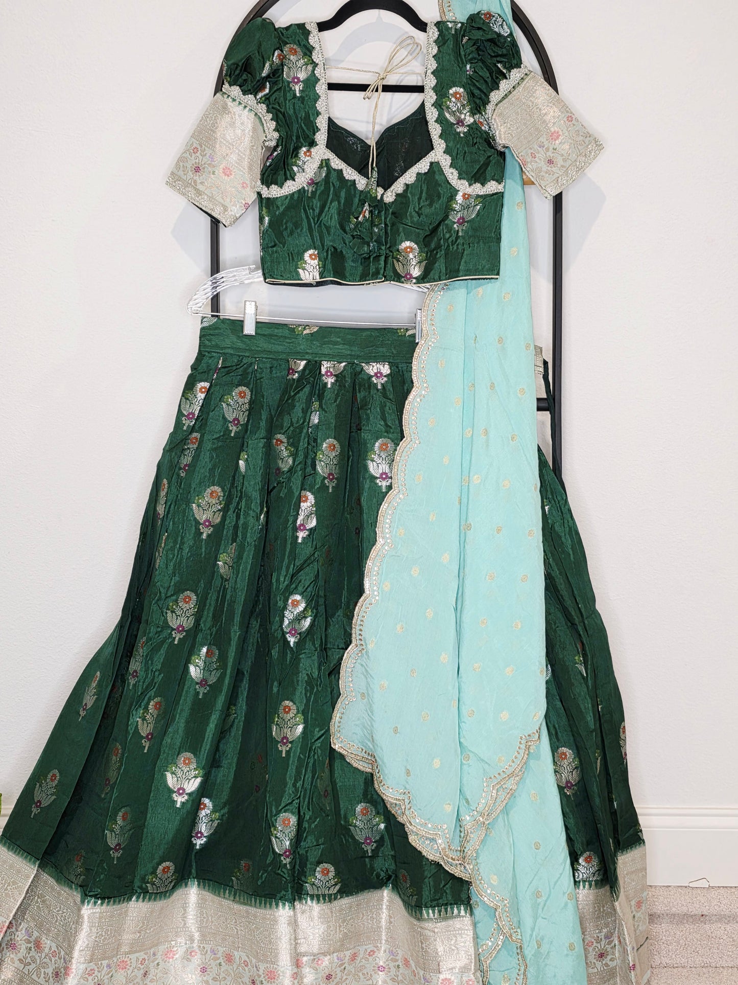 Emerald Green Benarasi Mango Fabric Lehenga Set with Aqua Soft Chinon Silk Scalloped Border Dupatta