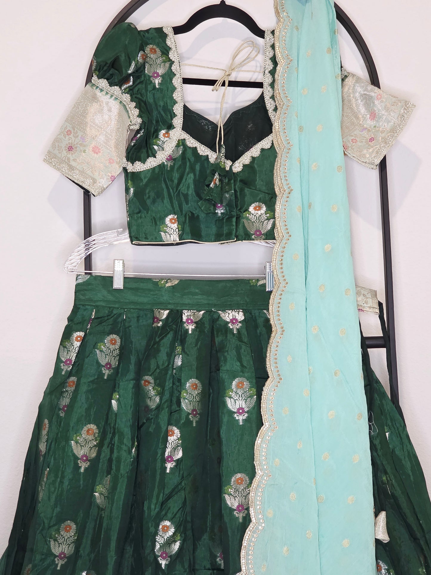 Emerald Green Benarasi Mango Fabric Lehenga Set with Aqua Soft Chinon Silk Scalloped Border Dupatta