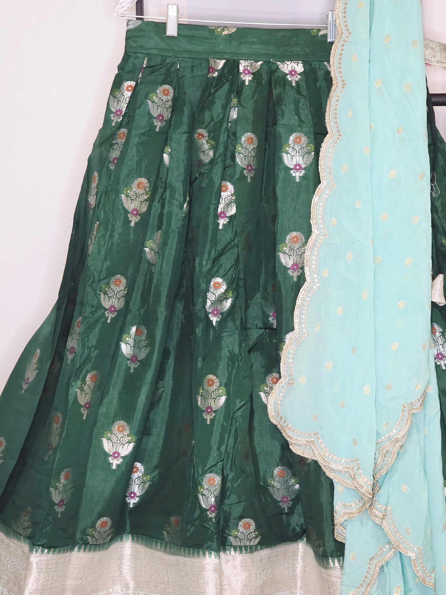 Emerald Green Benarasi Mango Fabric Lehenga Set with Aqua Soft Chinon Silk Scalloped Border Dupatta