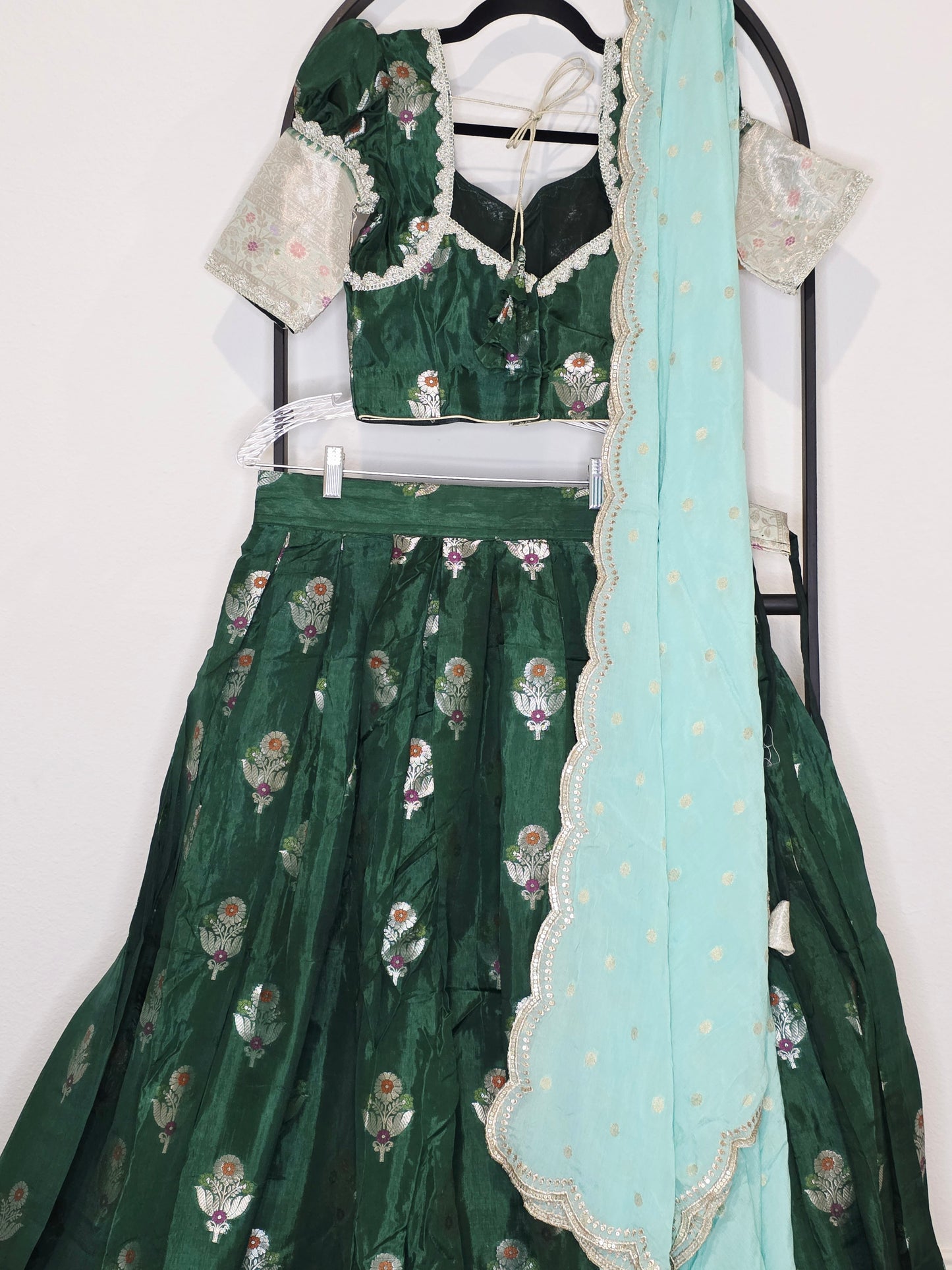 Emerald Green Benarasi Mango Fabric Lehenga Set with Aqua Soft Chinon Silk Scalloped Border Dupatta