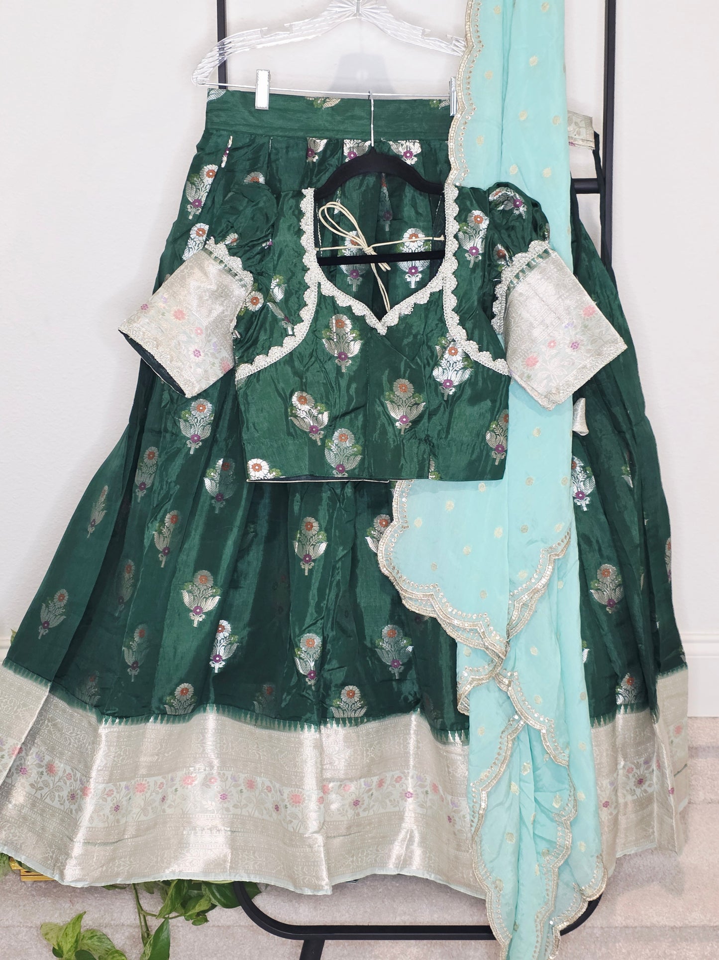 Emerald Green Benarasi Mango Fabric Lehenga Set with Aqua Soft Chinon Silk Scalloped Border Dupatta