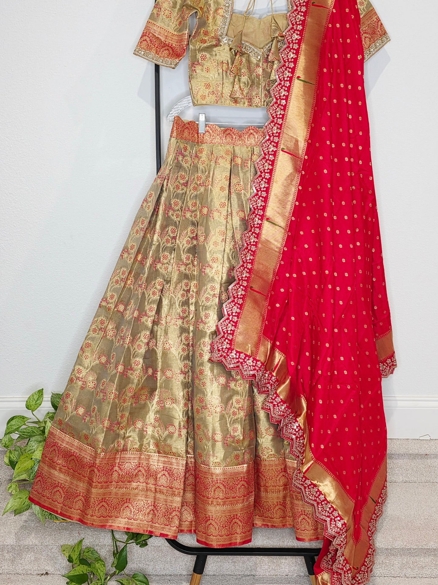 Royal Antique Gold Semi Kanchi Tissue Half Saree Set with Ruby Red Munga Benarasi Paithani Border Cutwork Dupatta