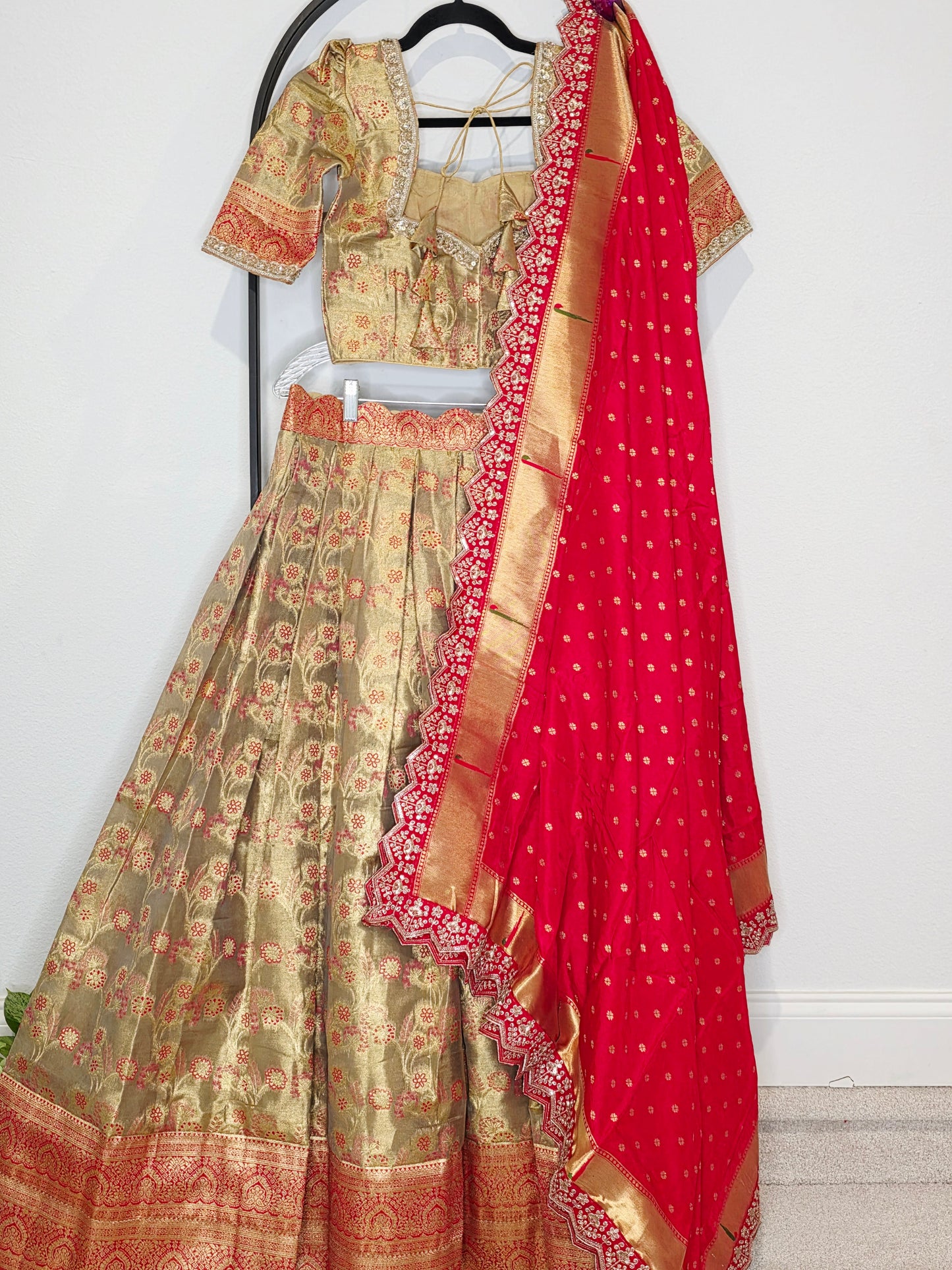 Royal Antique Gold Semi Kanchi Tissue Half Saree Set with Ruby Red Munga Benarasi Paithani Border Cutwork Dupatta