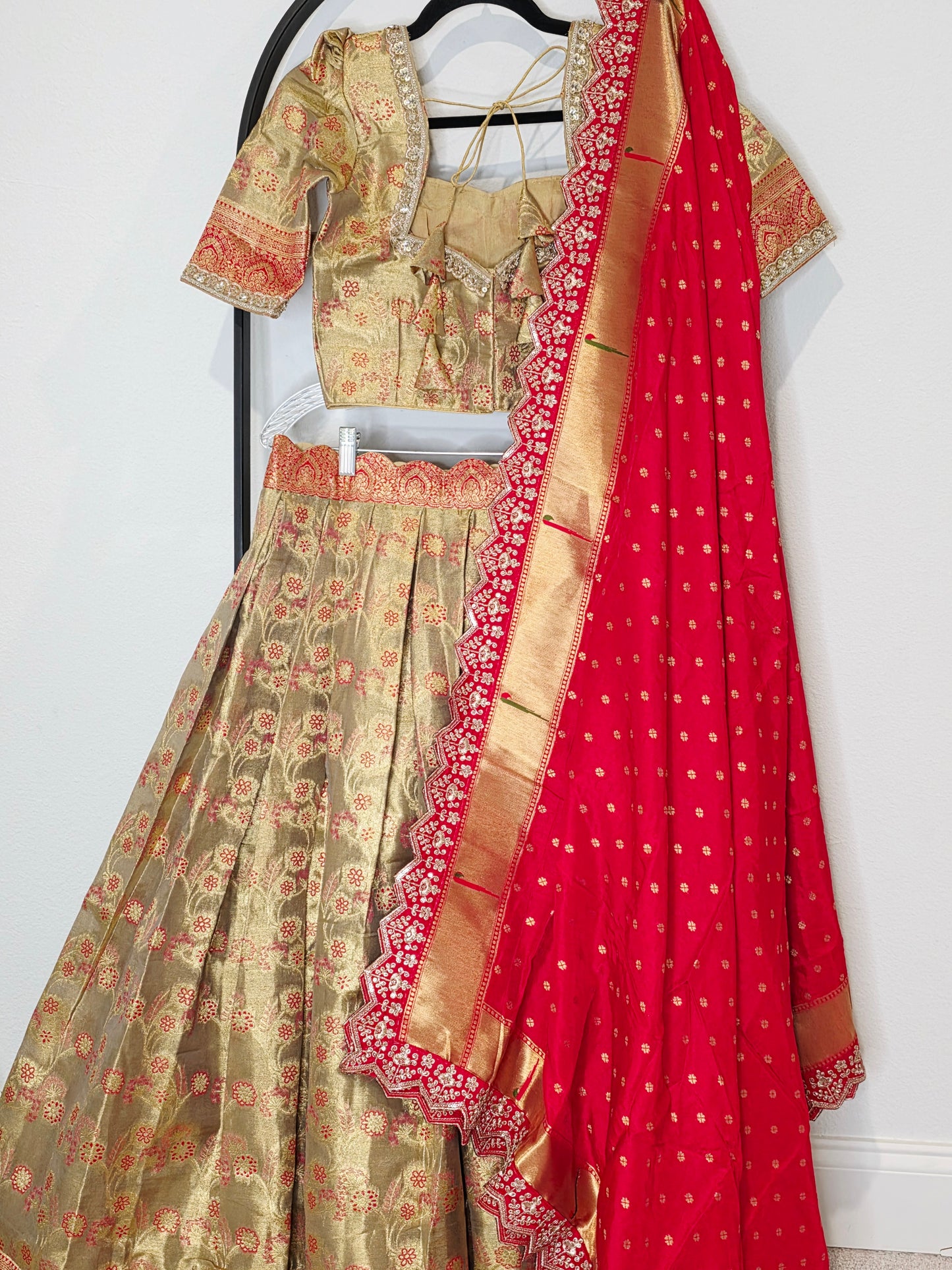 Royal Antique Gold Semi Kanchi Tissue Half Saree Set with Ruby Red Munga Benarasi Paithani Border Cutwork Dupatta