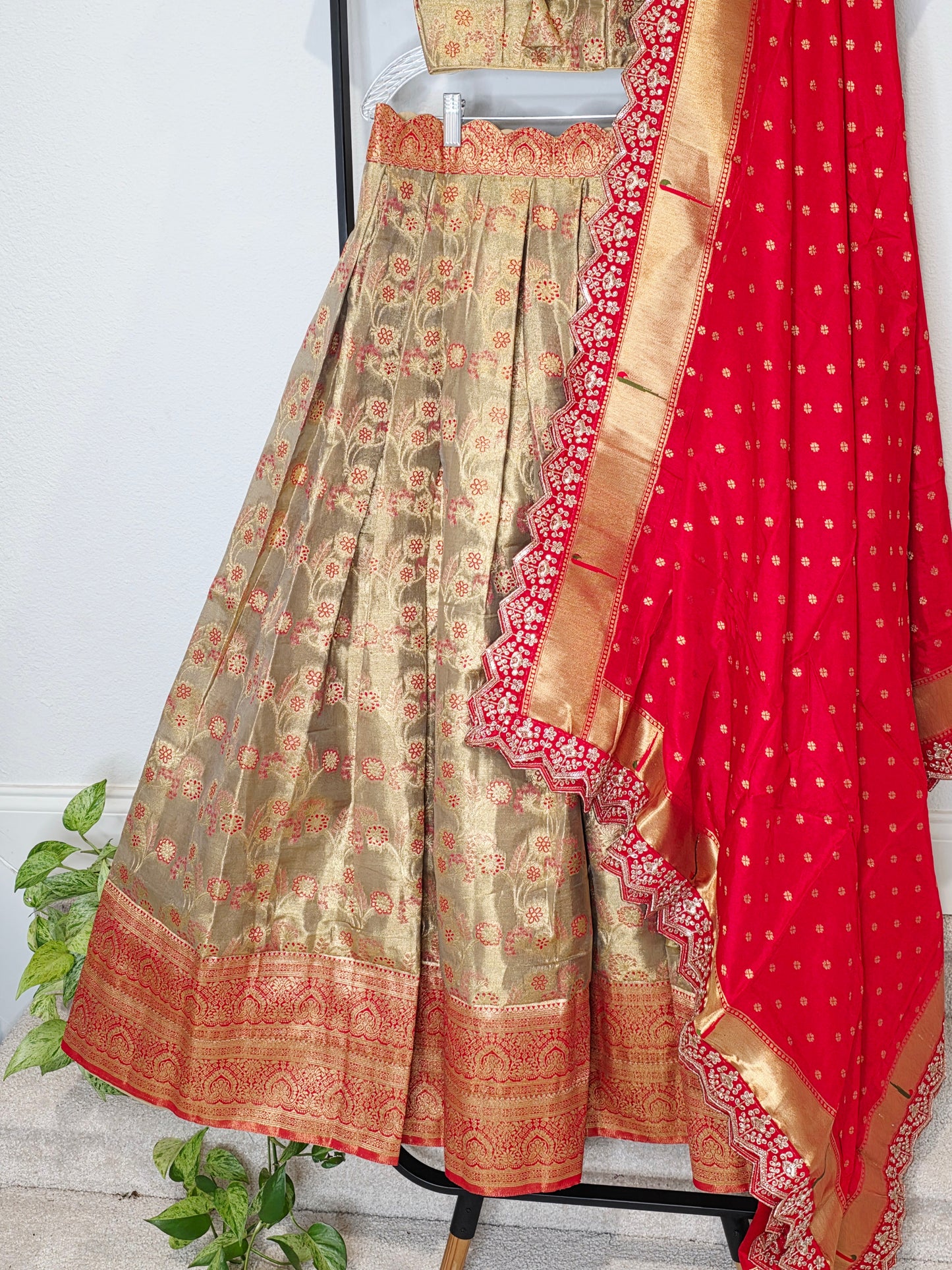 Royal Antique Gold Semi Kanchi Tissue Half Saree Set with Ruby Red Munga Benarasi Paithani Border Cutwork Dupatta