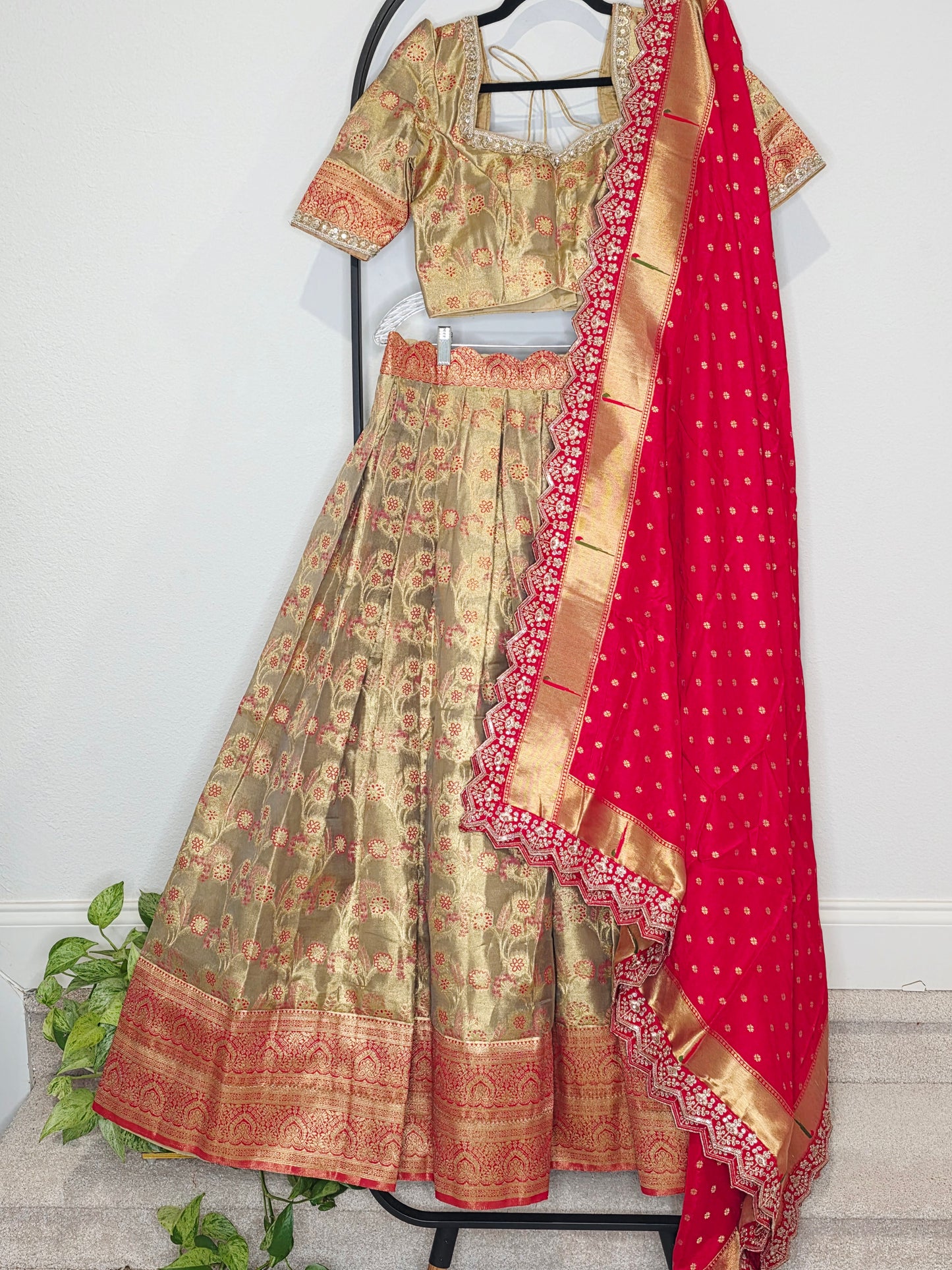 Royal Antique Gold Semi Kanchi Tissue Half Saree Set with Ruby Red Munga Benarasi Paithani Border Cutwork Dupatta