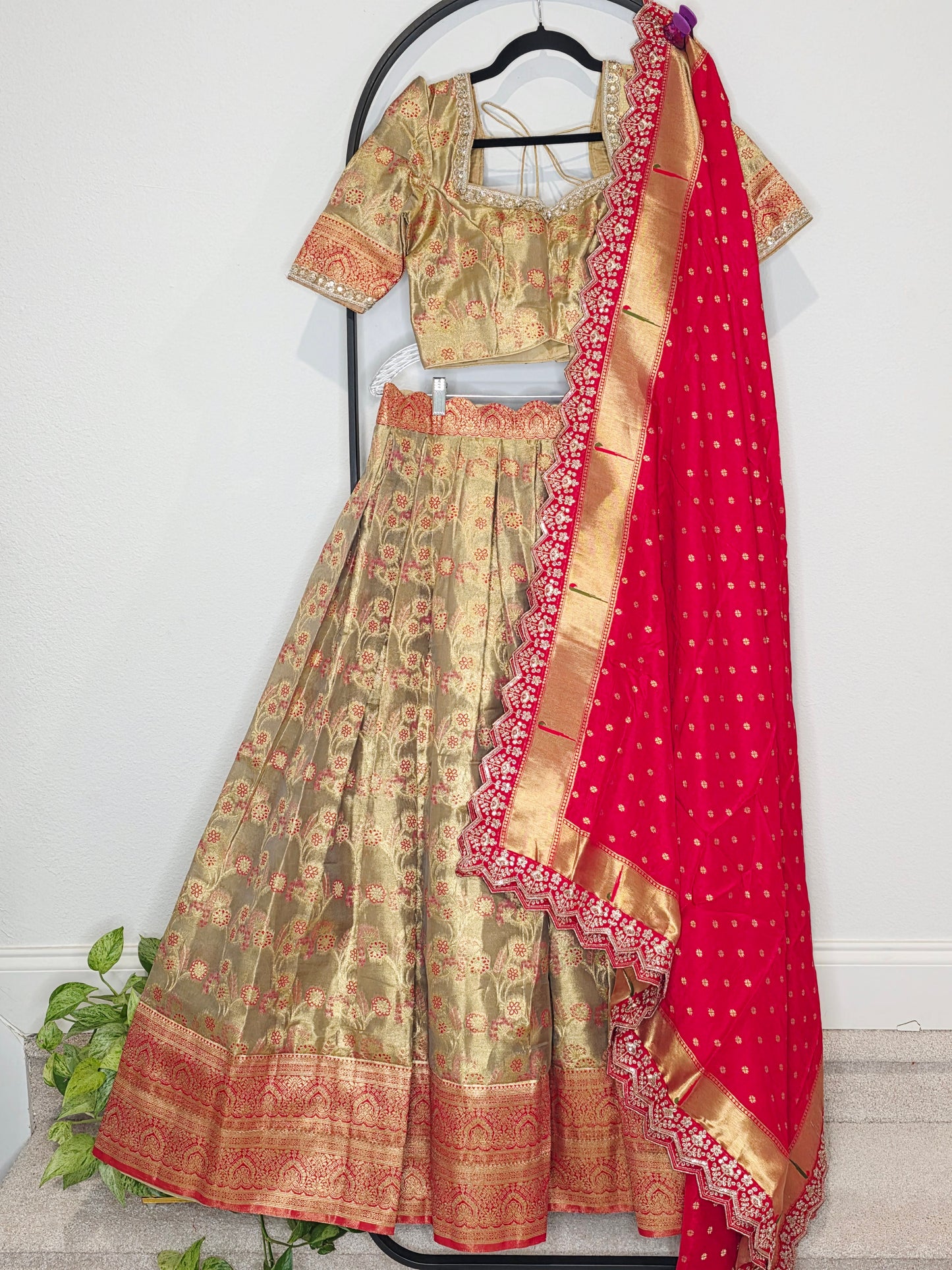Royal Antique Gold Semi Kanchi Tissue Half Saree Set with Ruby Red Munga Benarasi Paithani Border Cutwork Dupatta