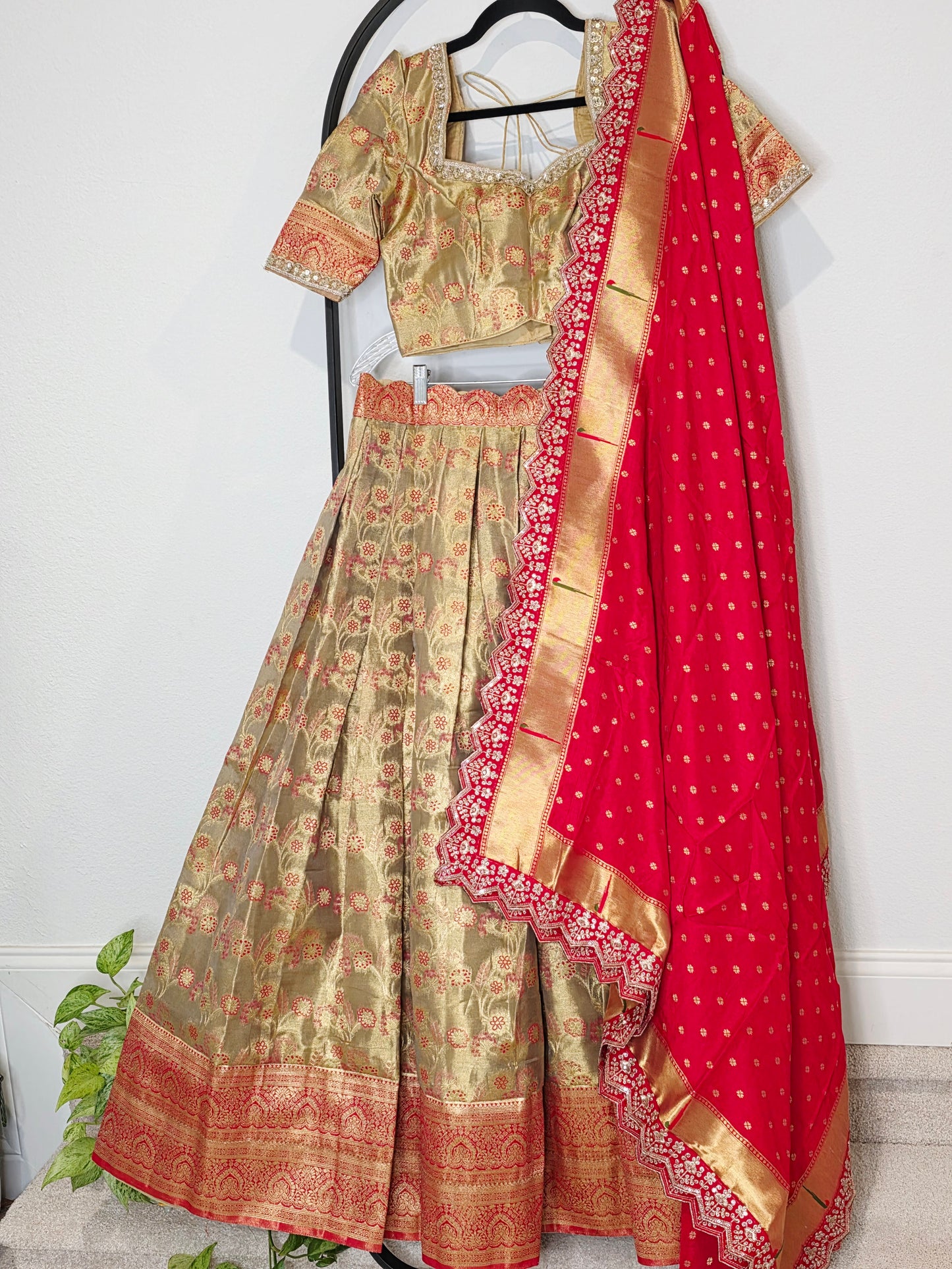 Royal Antique Gold Semi Kanchi Tissue Half Saree Set with Ruby Red Munga Benarasi Paithani Border Cutwork Dupatta