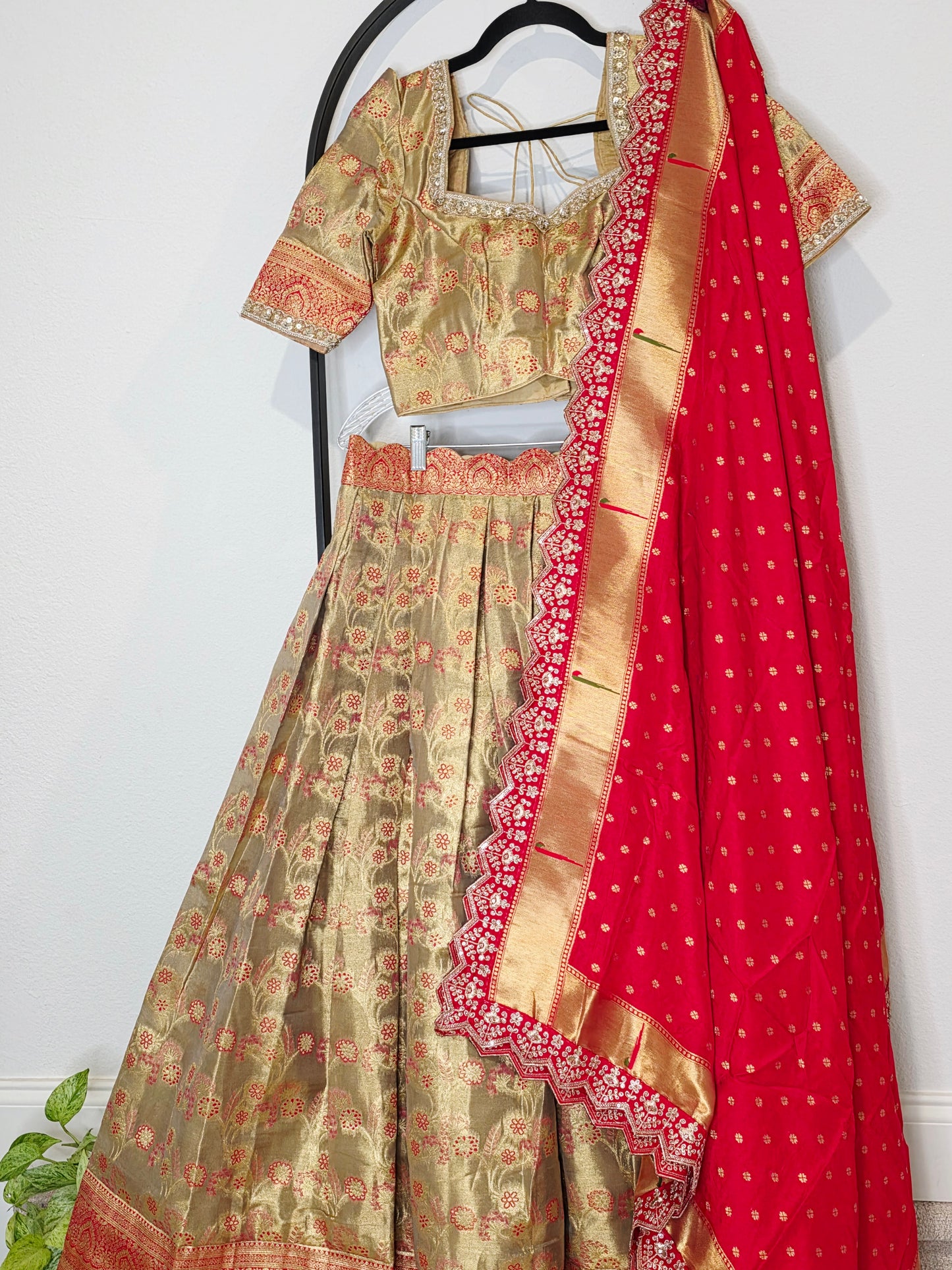 Royal Antique Gold Semi Kanchi Tissue Half Saree Set with Ruby Red Munga Benarasi Paithani Border Cutwork Dupatta