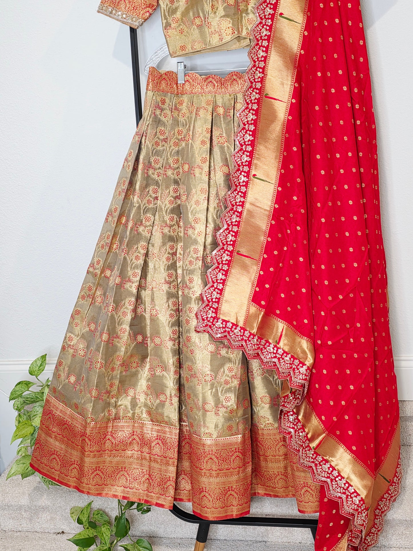 Royal Antique Gold Semi Kanchi Tissue Half Saree Set with Ruby Red Munga Benarasi Paithani Border Cutwork Dupatta