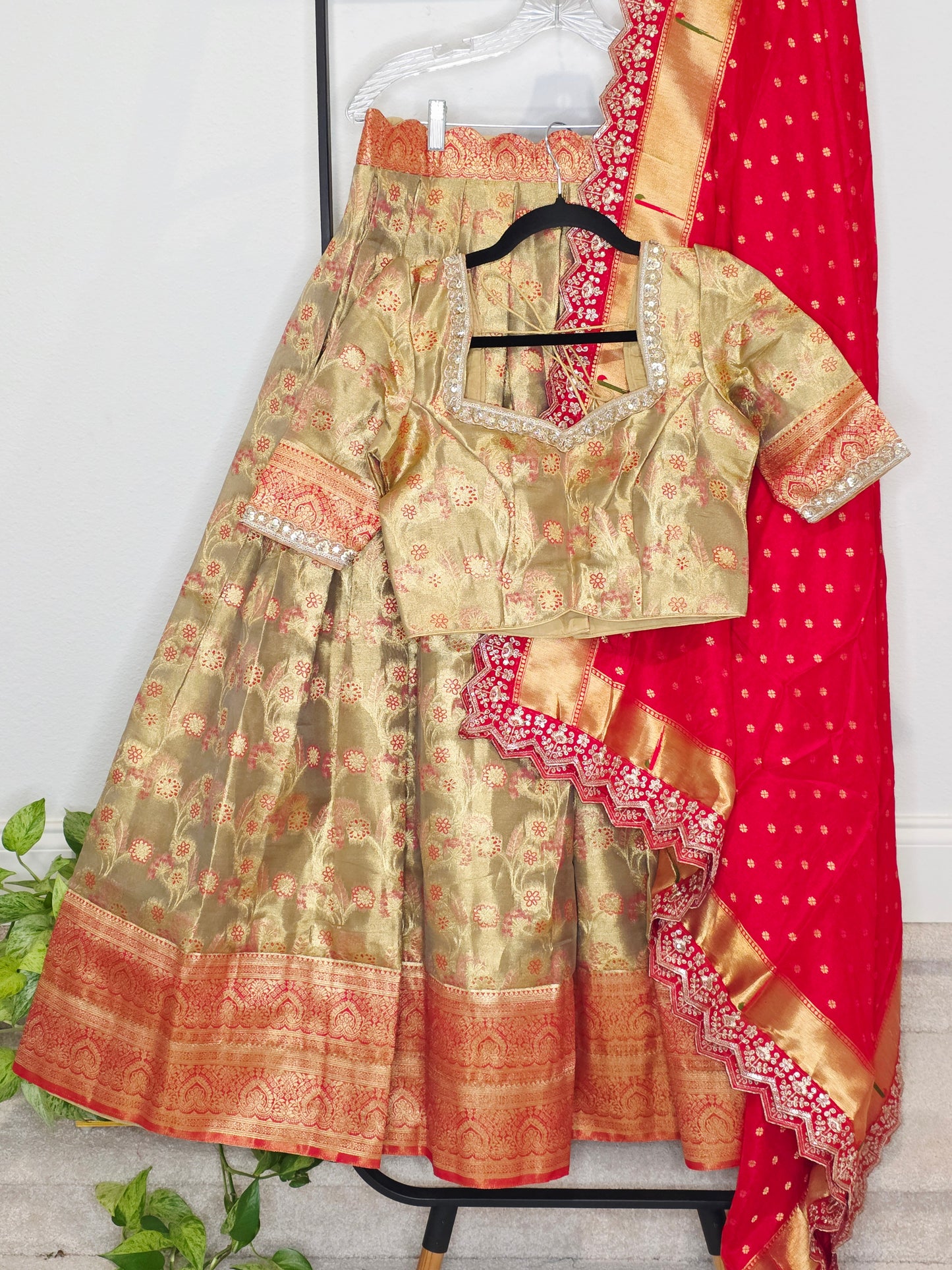 Royal Antique Gold Semi Kanchi Tissue Half Saree Set with Ruby Red Munga Benarasi Paithani Border Cutwork Dupatta
