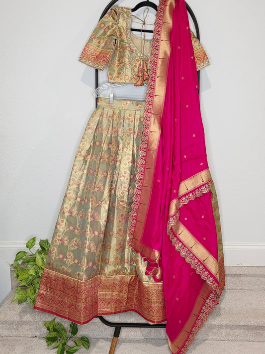 Regal Antique Gold Semi Kanchi Tissue Half Saree Set with Rani Pink Munga Benarasi Paithani Border Cutwork Dupatta