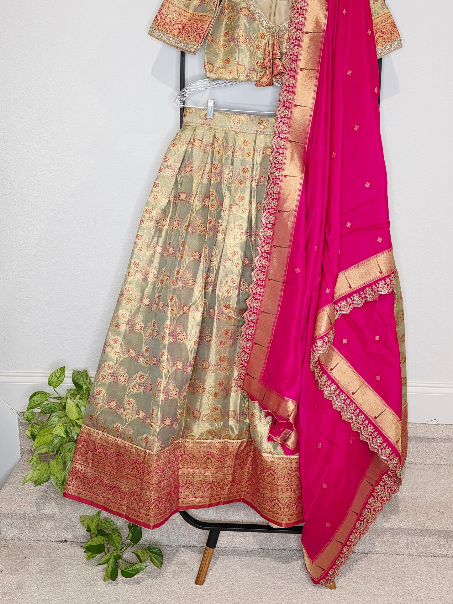 Regal Antique Gold Semi Kanchi Tissue Half Saree Set with Rani Pink Munga Benarasi Paithani Border Cutwork Dupatta