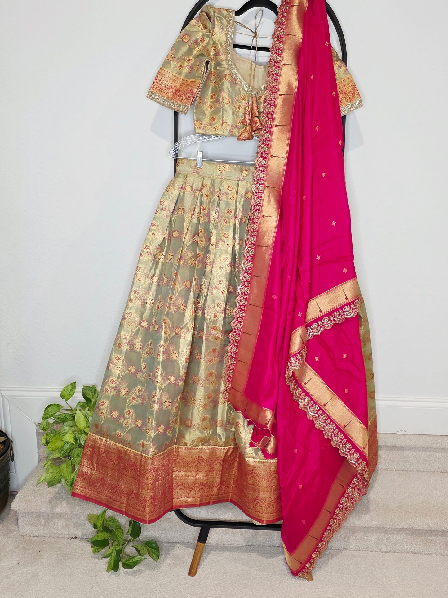 Regal Antique Gold Semi Kanchi Tissue Half Saree Set with Rani Pink Munga Benarasi Paithani Border Cutwork Dupatta