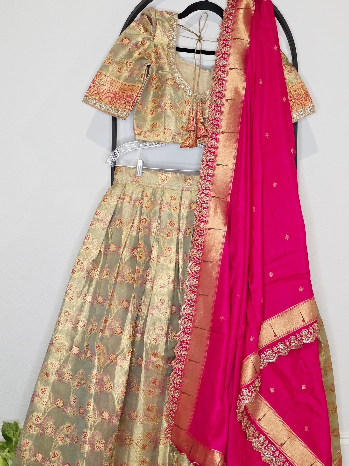 Regal Antique Gold Semi Kanchi Tissue Half Saree Set with Rani Pink Munga Benarasi Paithani Border Cutwork Dupatta