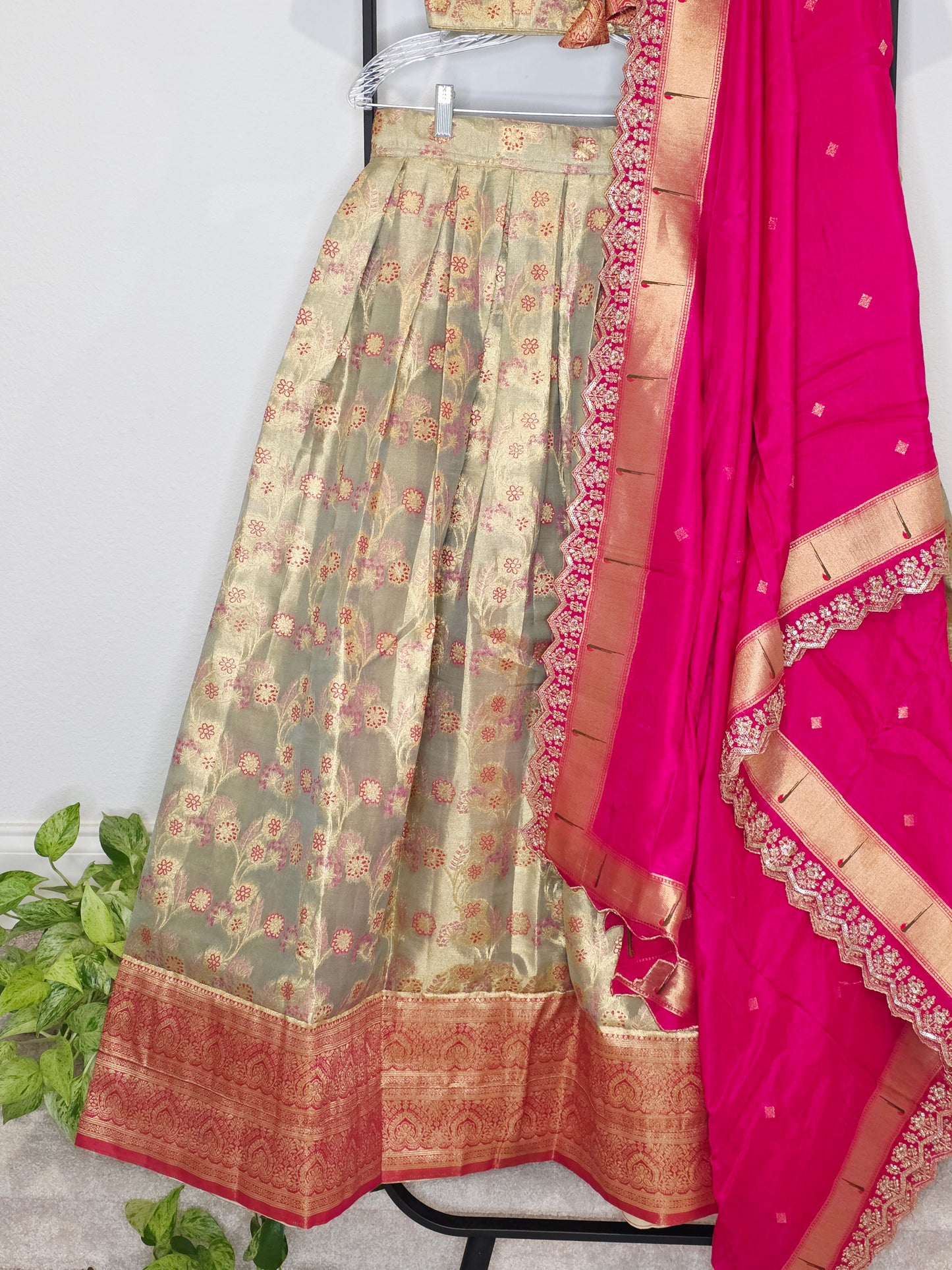 Regal Antique Gold Semi Kanchi Tissue Half Saree Set with Rani Pink Munga Benarasi Paithani Border Cutwork Dupatta