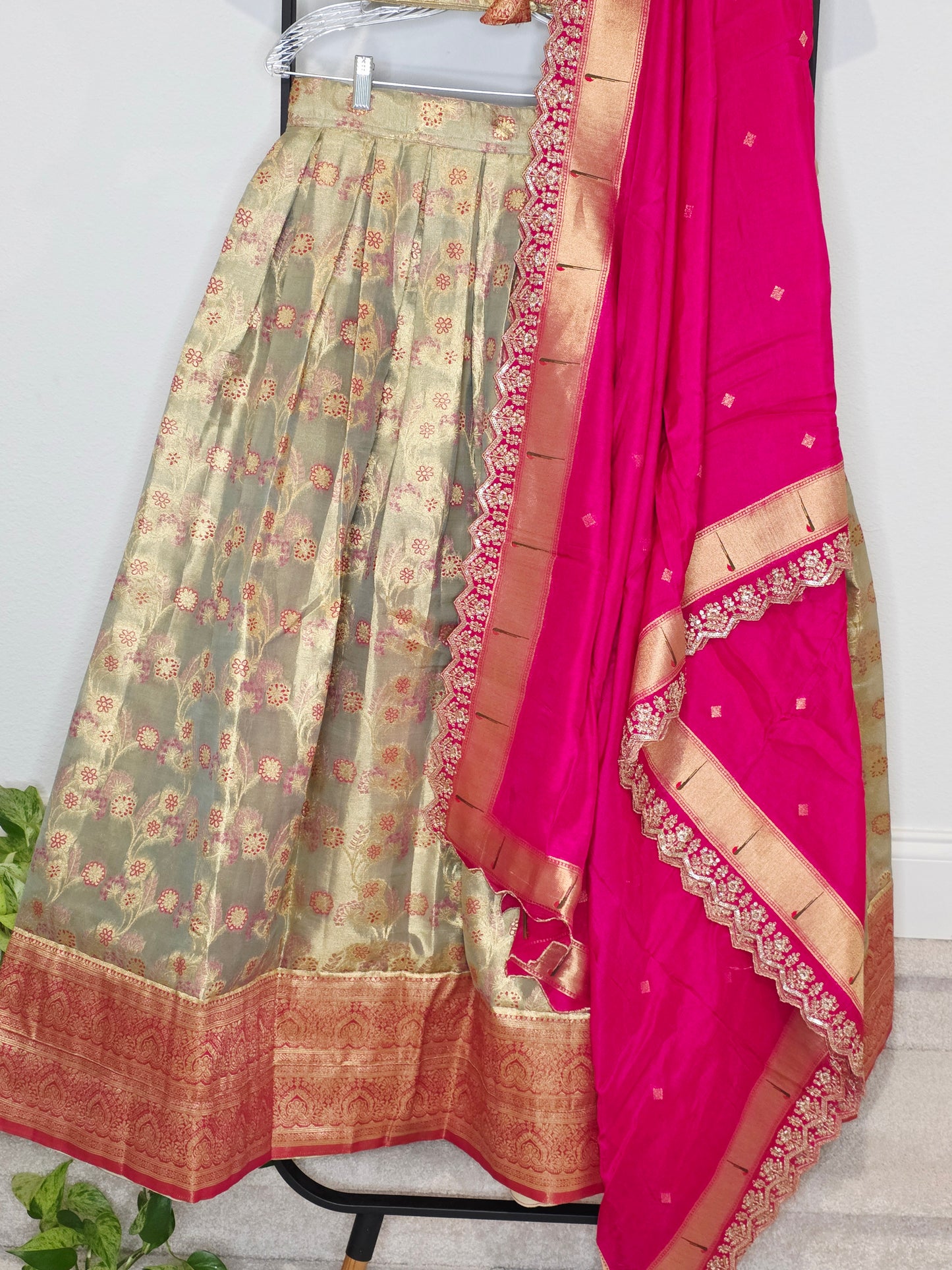 Regal Antique Gold Semi Kanchi Tissue Half Saree Set with Rani Pink Munga Benarasi Paithani Border Cutwork Dupatta