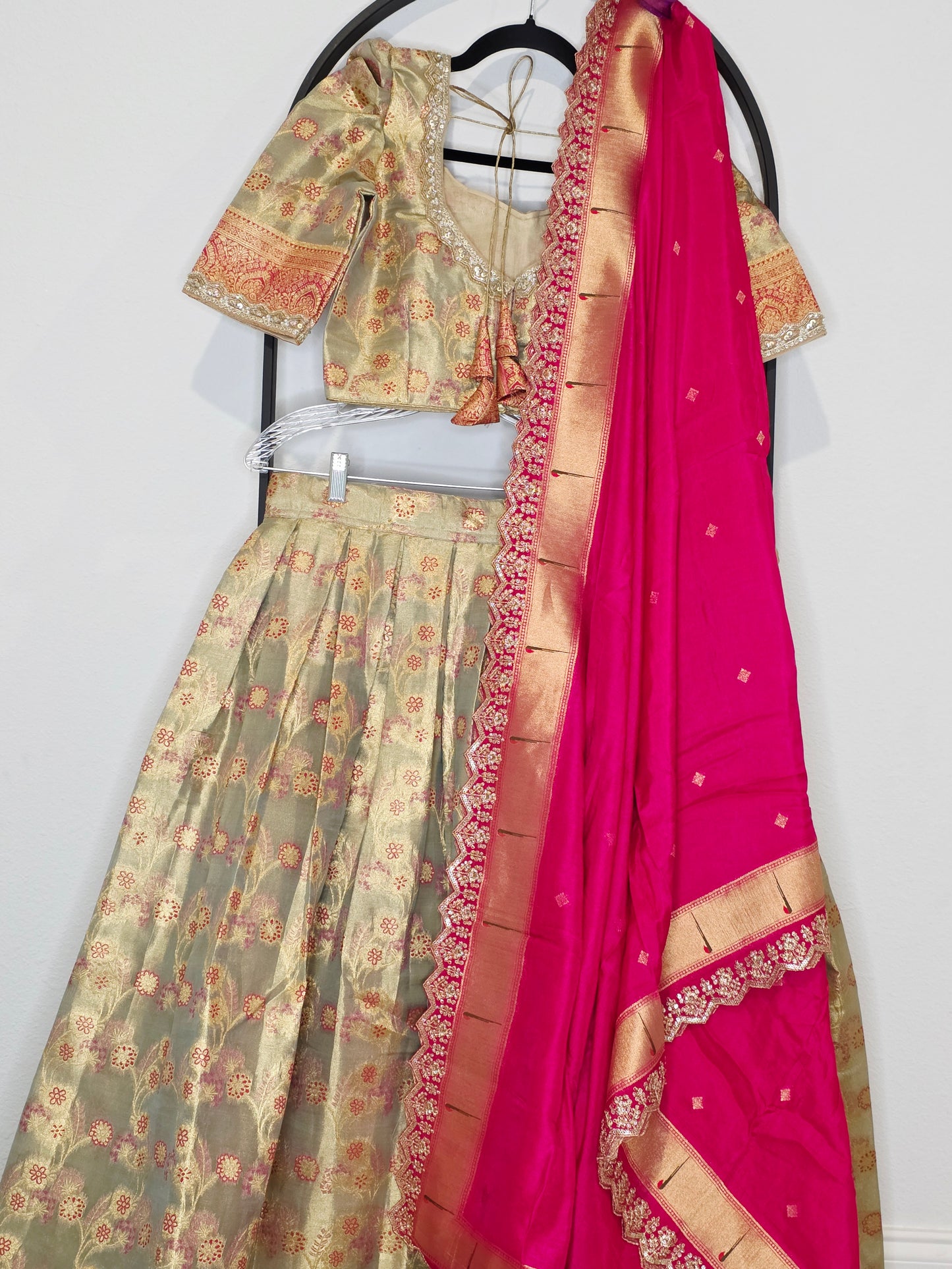 Regal Antique Gold Semi Kanchi Tissue Half Saree Set with Rani Pink Munga Benarasi Paithani Border Cutwork Dupatta