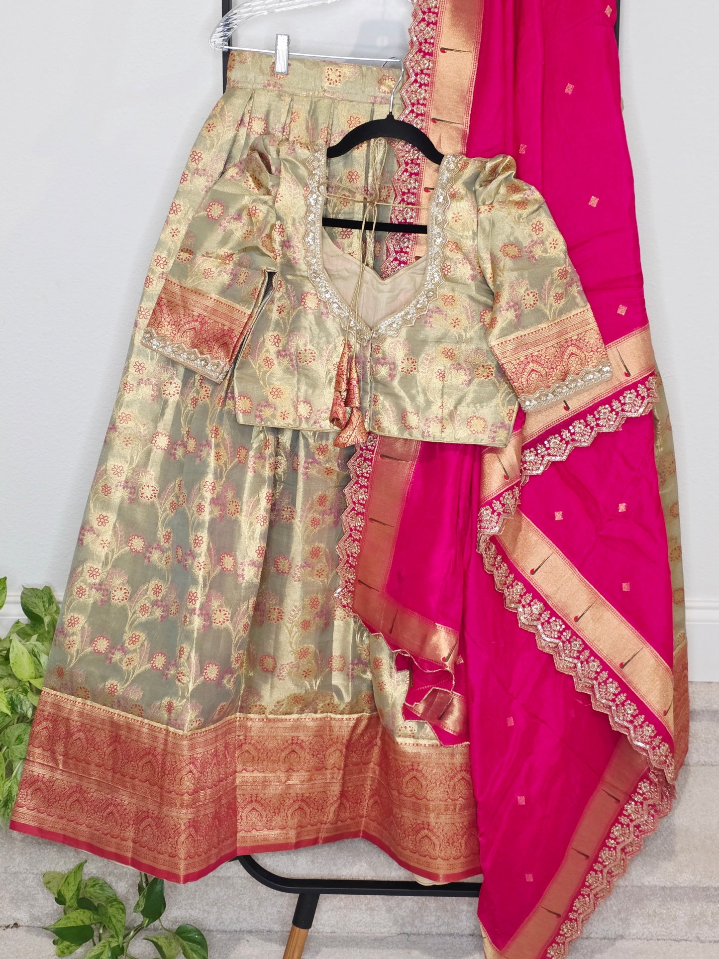 Regal Antique Gold Semi Kanchi Tissue Half Saree Set with Rani Pink Munga Benarasi Paithani Border Cutwork Dupatta