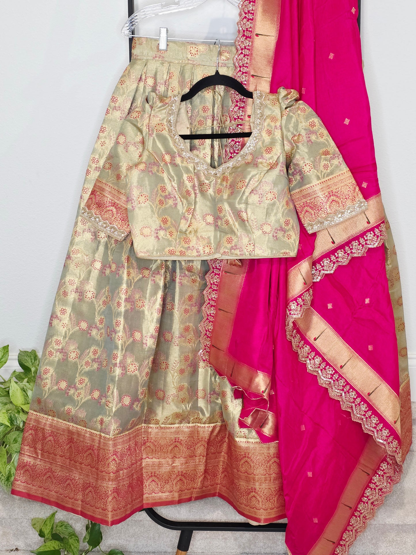 Regal Antique Gold Semi Kanchi Tissue Half Saree Set with Rani Pink Munga Benarasi Paithani Border Cutwork Dupatta