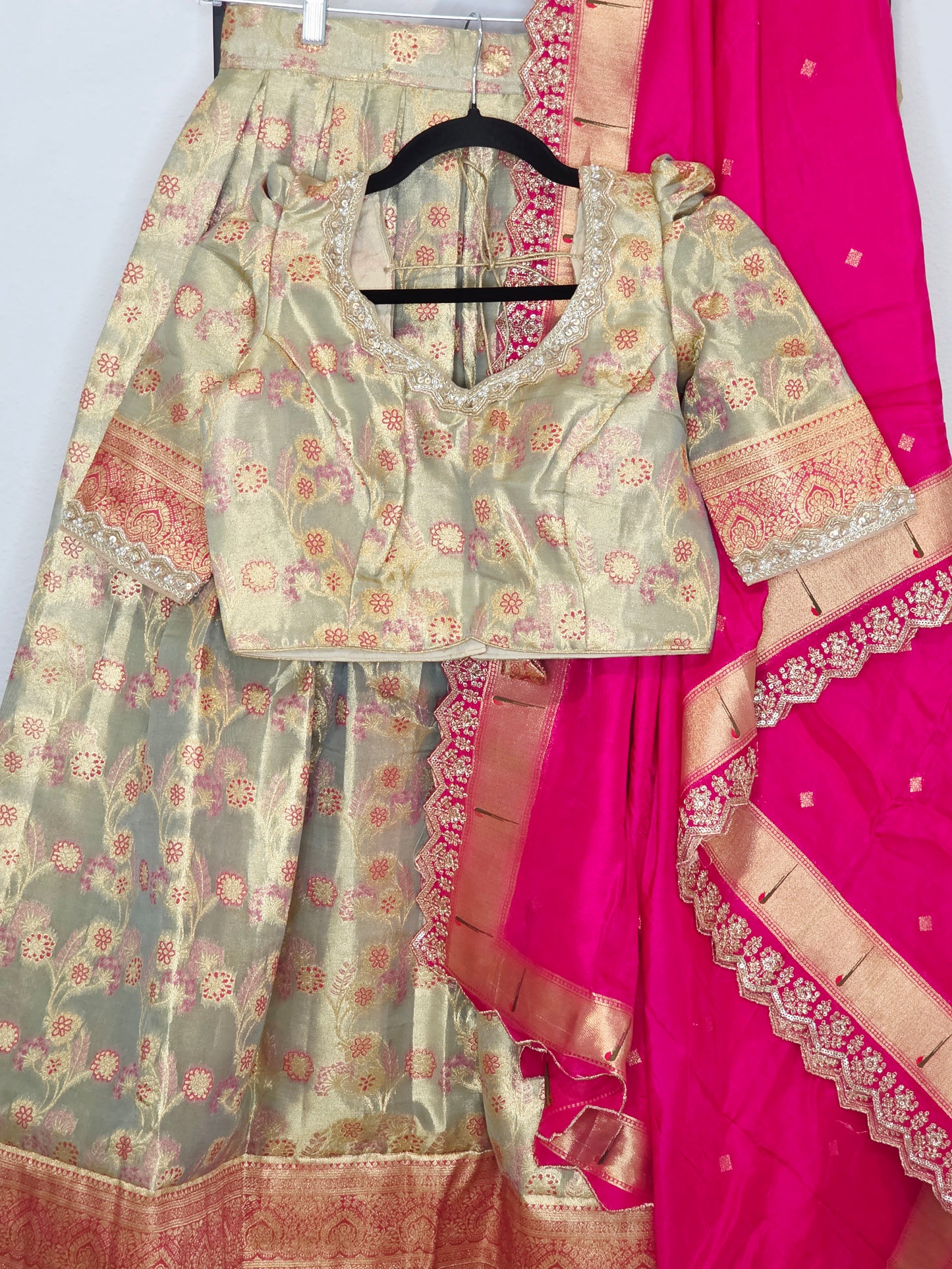 Regal Antique Gold Semi Kanchi Tissue Half Saree Set with Rani Pink Munga Benarasi Paithani Border Cutwork Dupatta