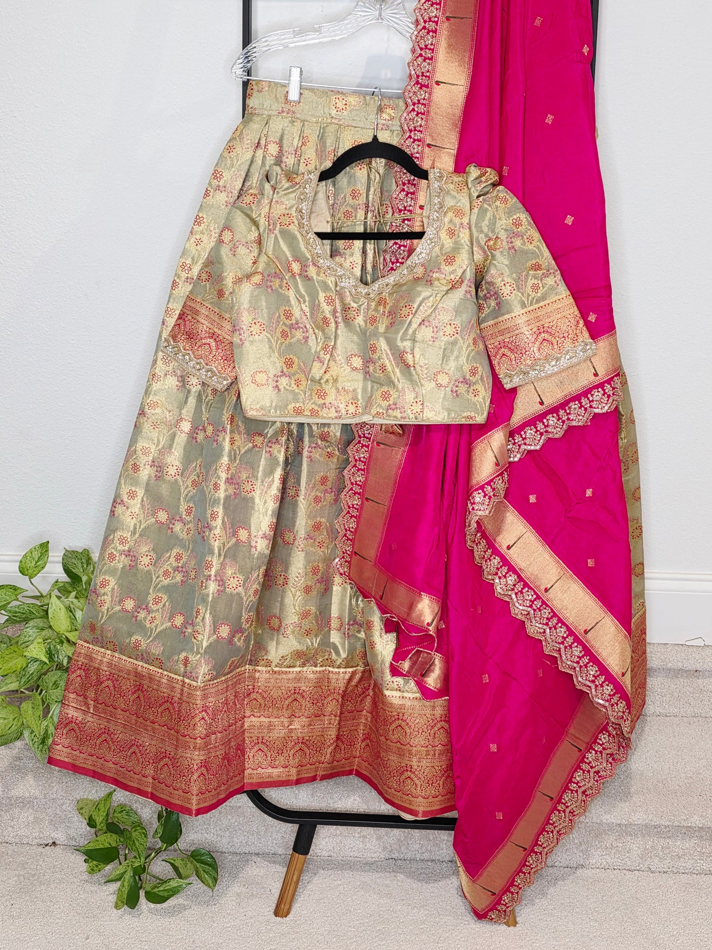 Regal Antique Gold Semi Kanchi Tissue Half Saree Set with Rani Pink Munga Benarasi Paithani Border Cutwork Dupatta