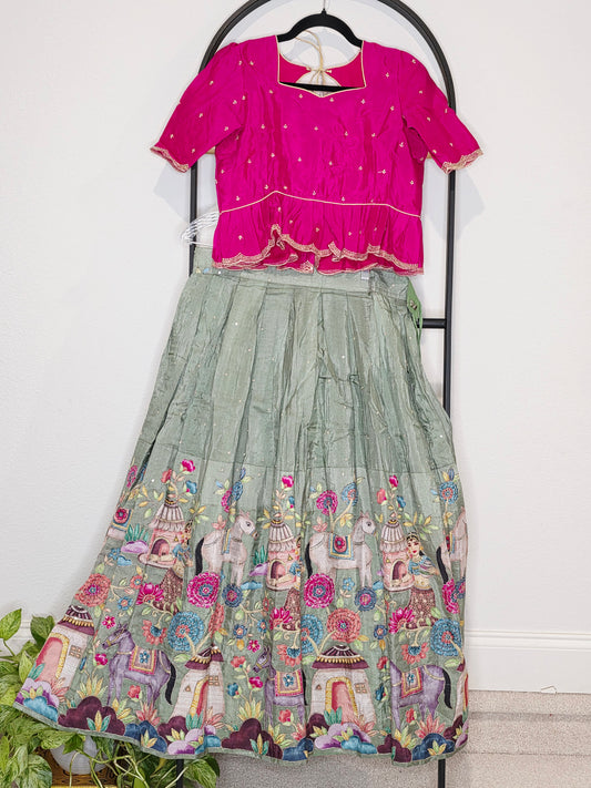 Sage Green & Rani Pink Munga Benarasi Kalamkari Embroidery Lehenga Set for Girls
