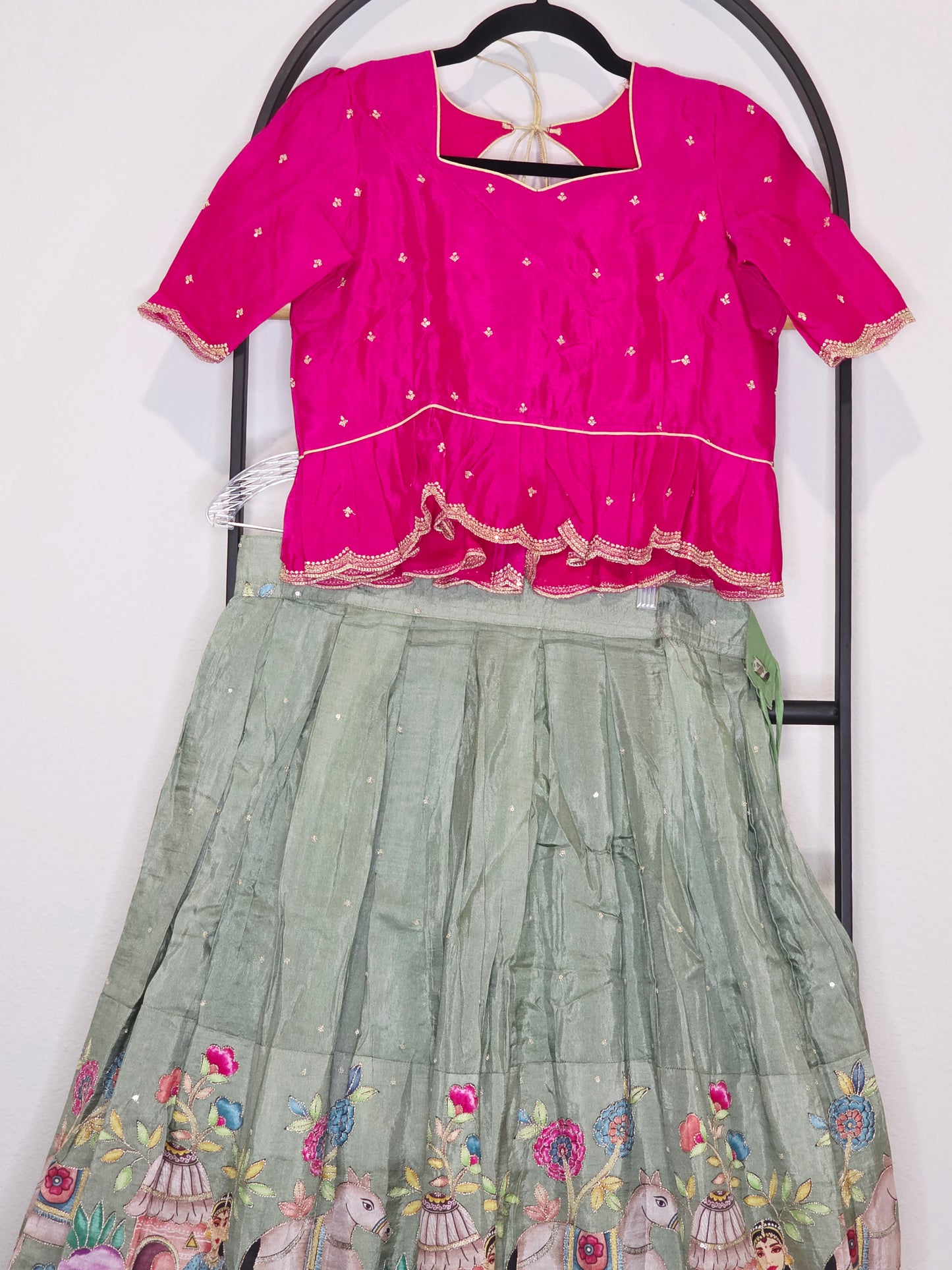 Sage Green & Rani Pink Munga Benarasi Kalamkari Embroidery Lehenga Set for Girls