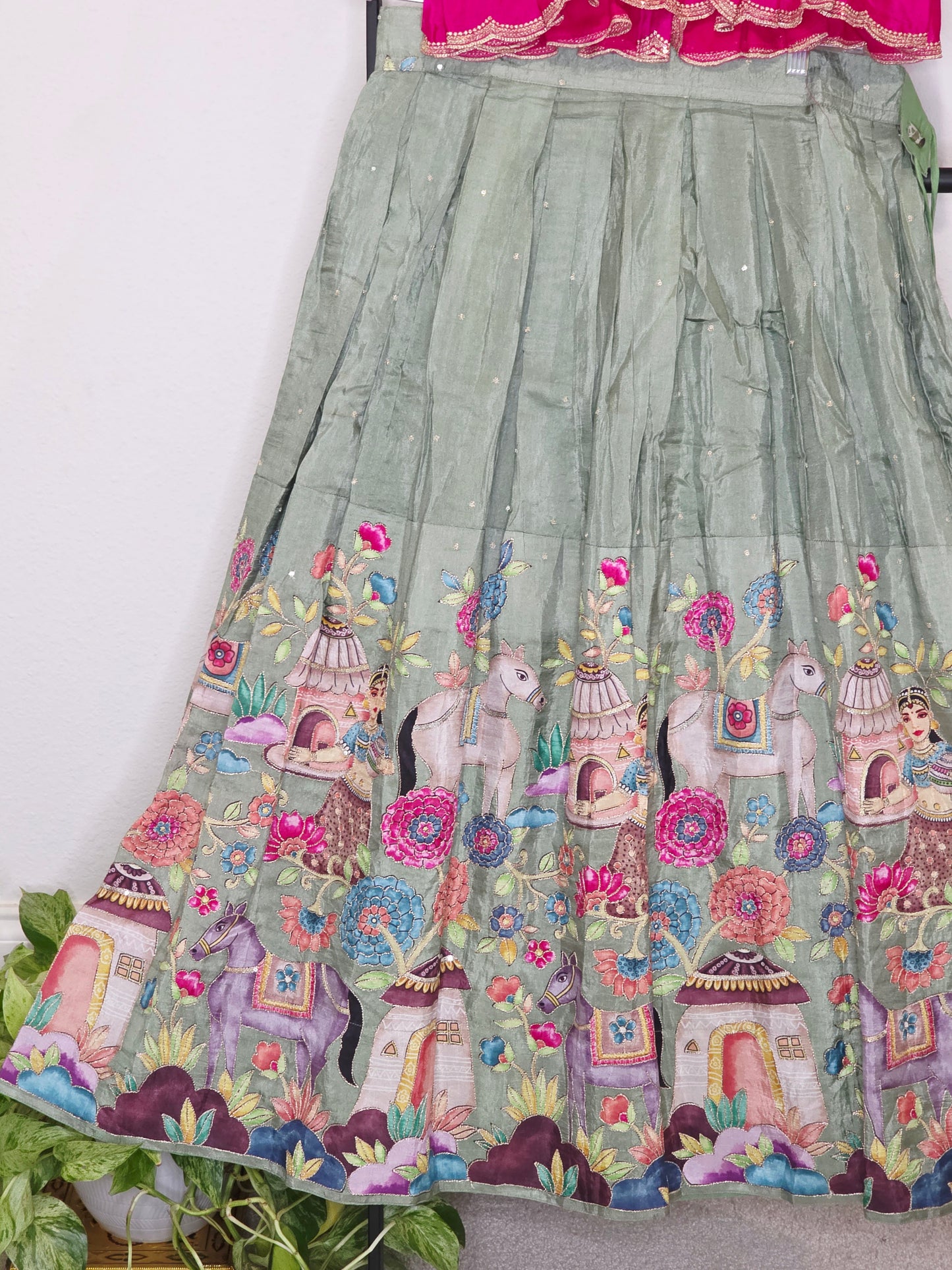 Sage Green & Rani Pink Munga Benarasi Kalamkari Embroidery Lehenga Set for Girls