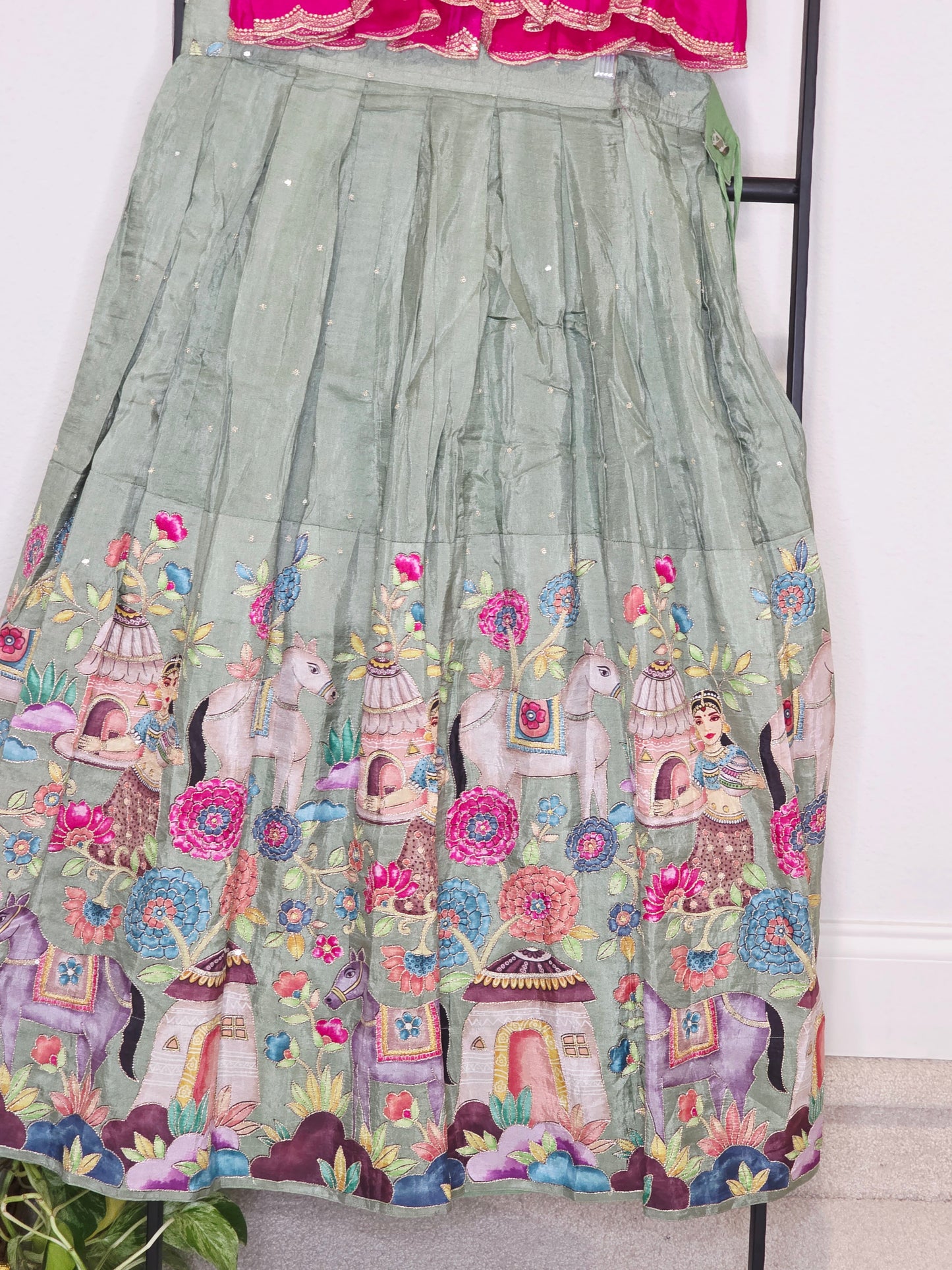 Sage Green & Rani Pink Munga Benarasi Kalamkari Embroidery Lehenga Set for Girls