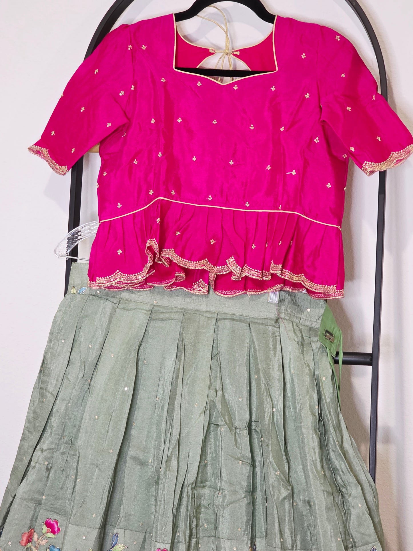 Sage Green & Rani Pink Munga Benarasi Kalamkari Embroidery Lehenga Set for Girls