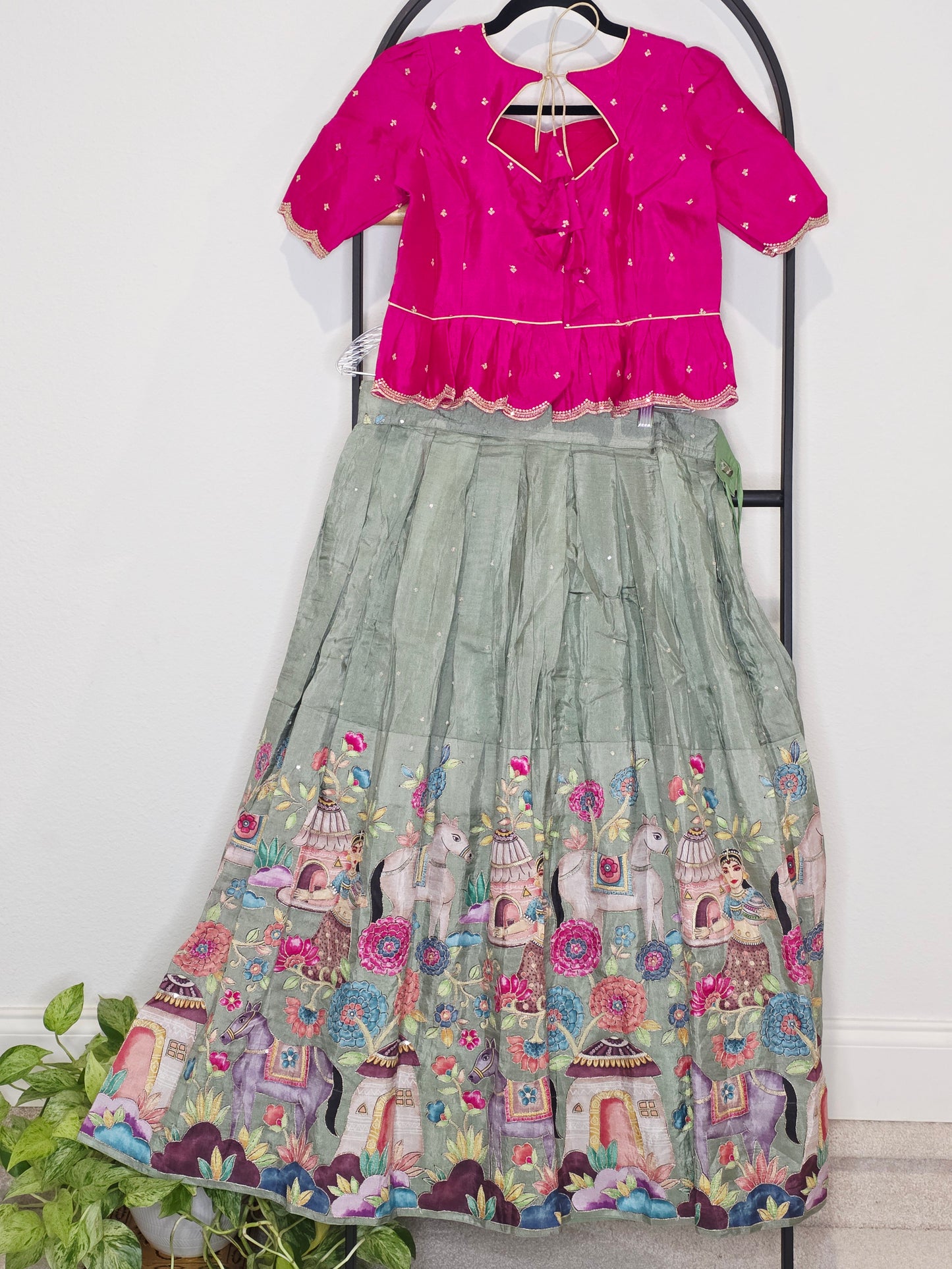 Sage Green & Rani Pink Munga Benarasi Kalamkari Embroidery Lehenga Set for Girls
