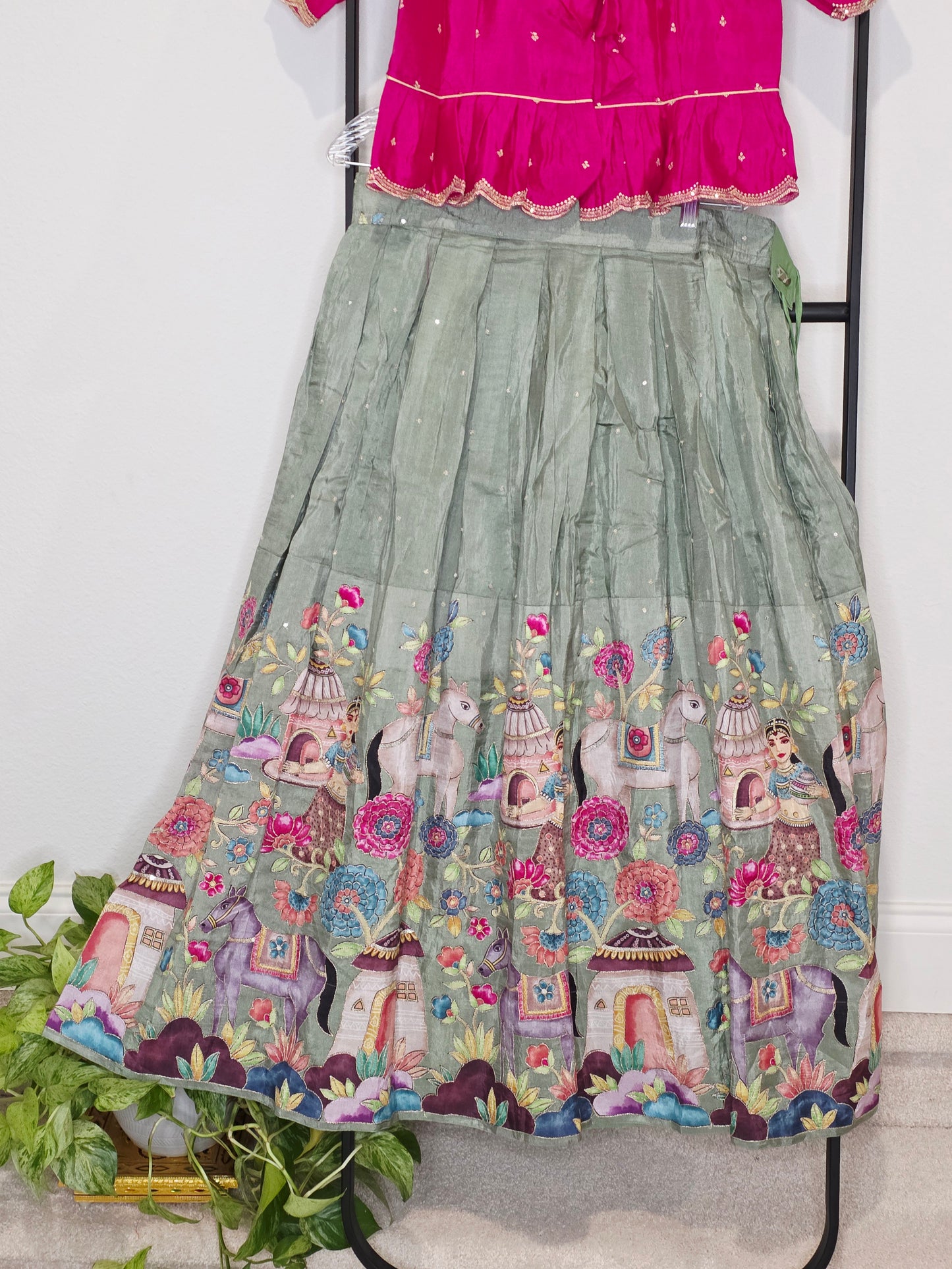 Sage Green & Rani Pink Munga Benarasi Kalamkari Embroidery Lehenga Set for Girls