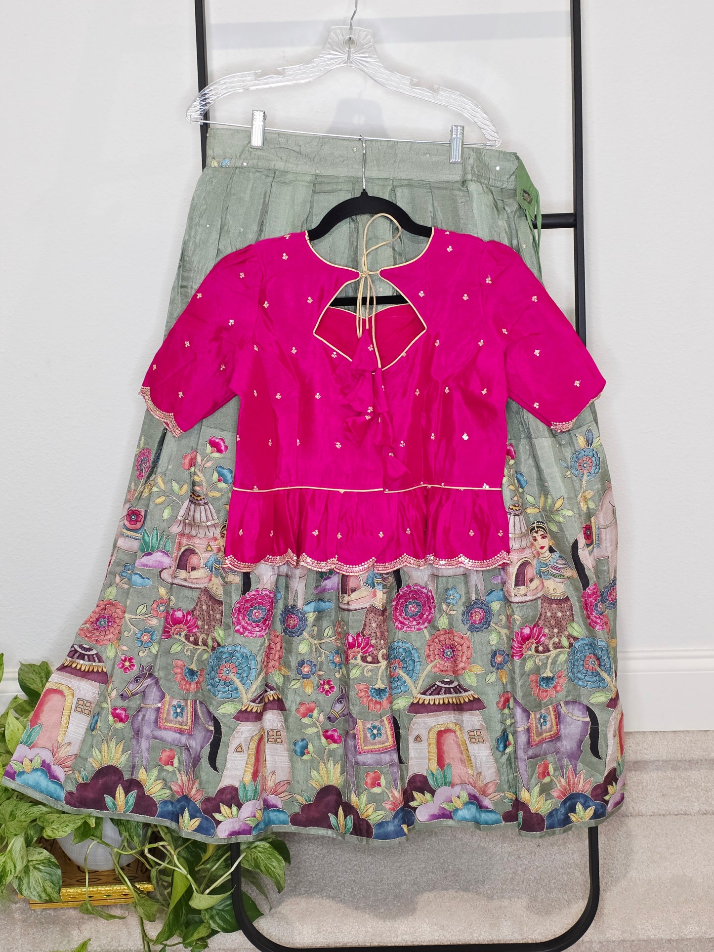 Sage Green & Rani Pink Munga Benarasi Kalamkari Embroidery Lehenga Set for Girls