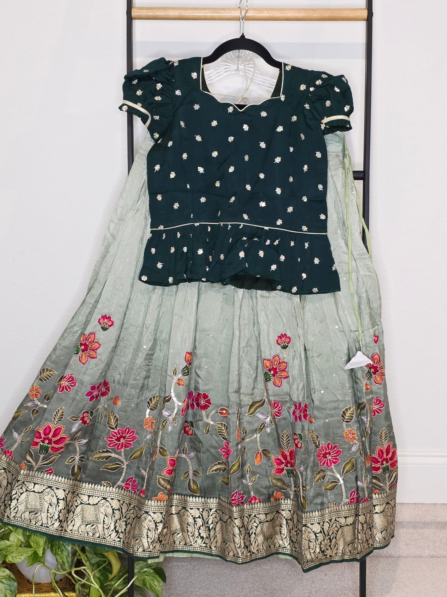 Deep Emerald Green & Sage Munga Benarasi Floral Embroidery Lehenga Crop Top Set for Girls