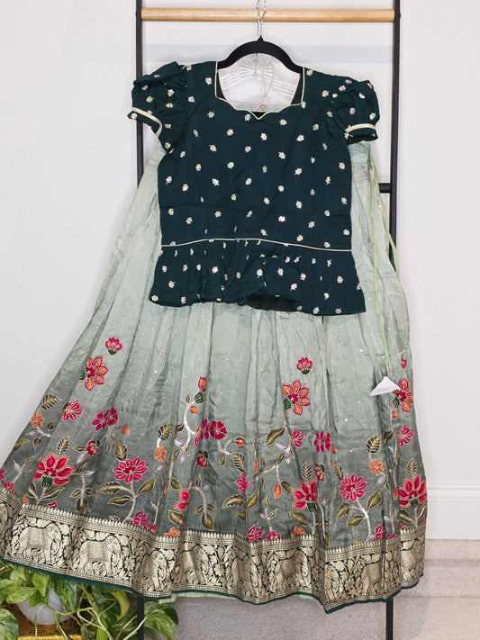 Deep Emerald Green & Sage Munga Benarasi Floral Embroidery Lehenga Crop Top Set for Girls
