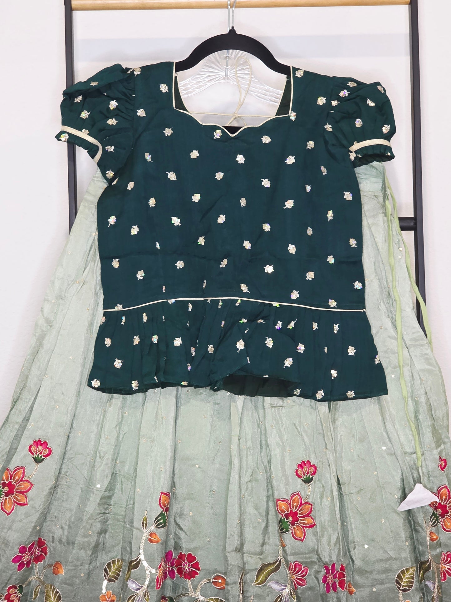 Deep Emerald Green & Sage Munga Benarasi Floral Embroidery Lehenga Crop Top Set for Girls